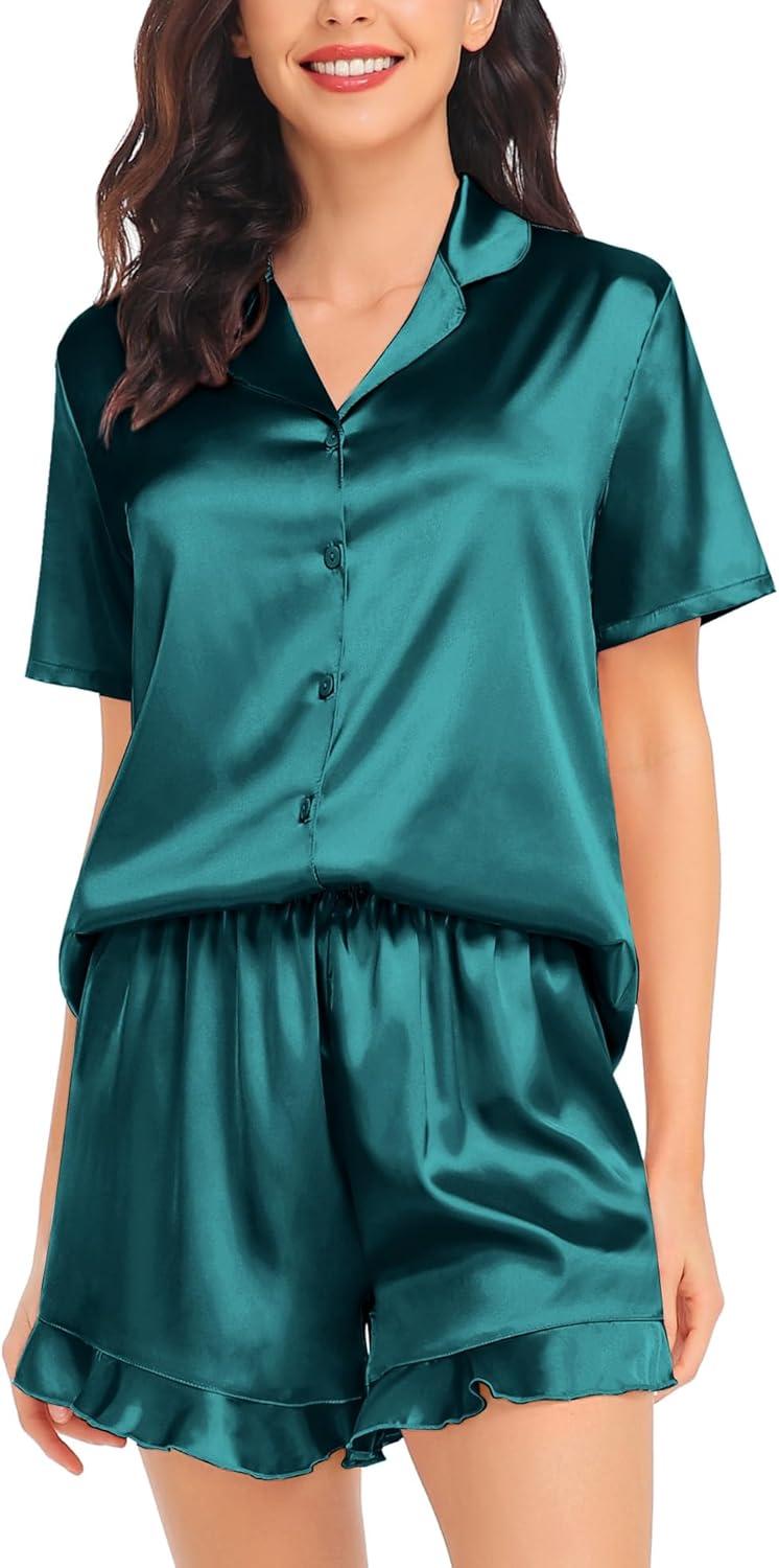 imageSWOMOG Womens Silk Satin Pajamas Set Short Sleeve Button Down Sleepwear Ruffle Hem Shorts PJ Sets TwoPiece LoungewearGreen