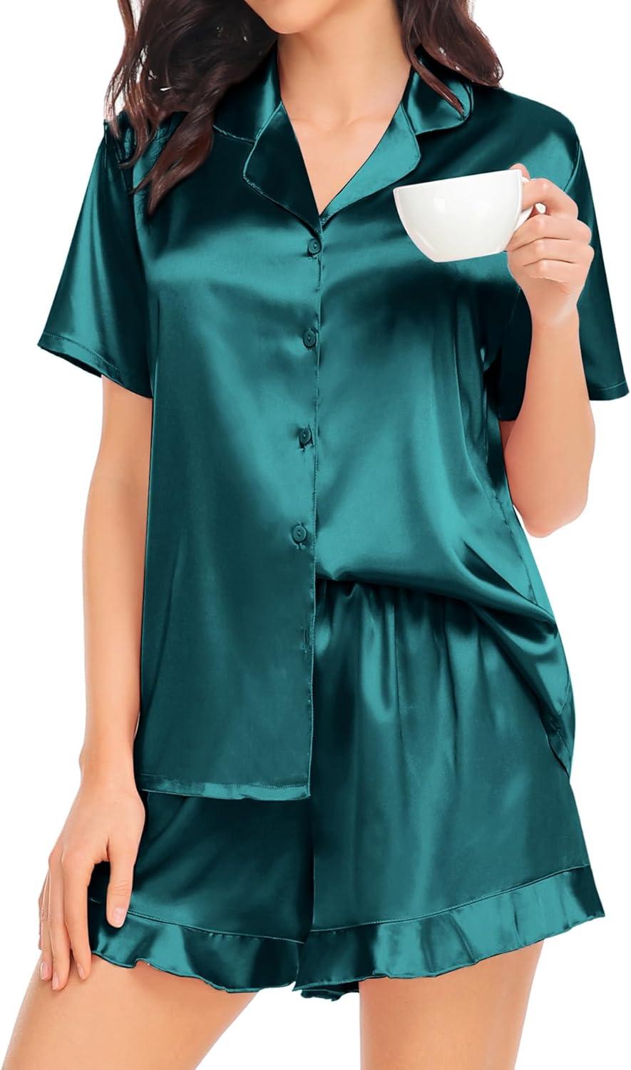 imageSWOMOG Womens Silk Satin Pajamas Set Short Sleeve Button Down Sleepwear Ruffle Hem Shorts PJ Sets TwoPiece LoungewearGreen