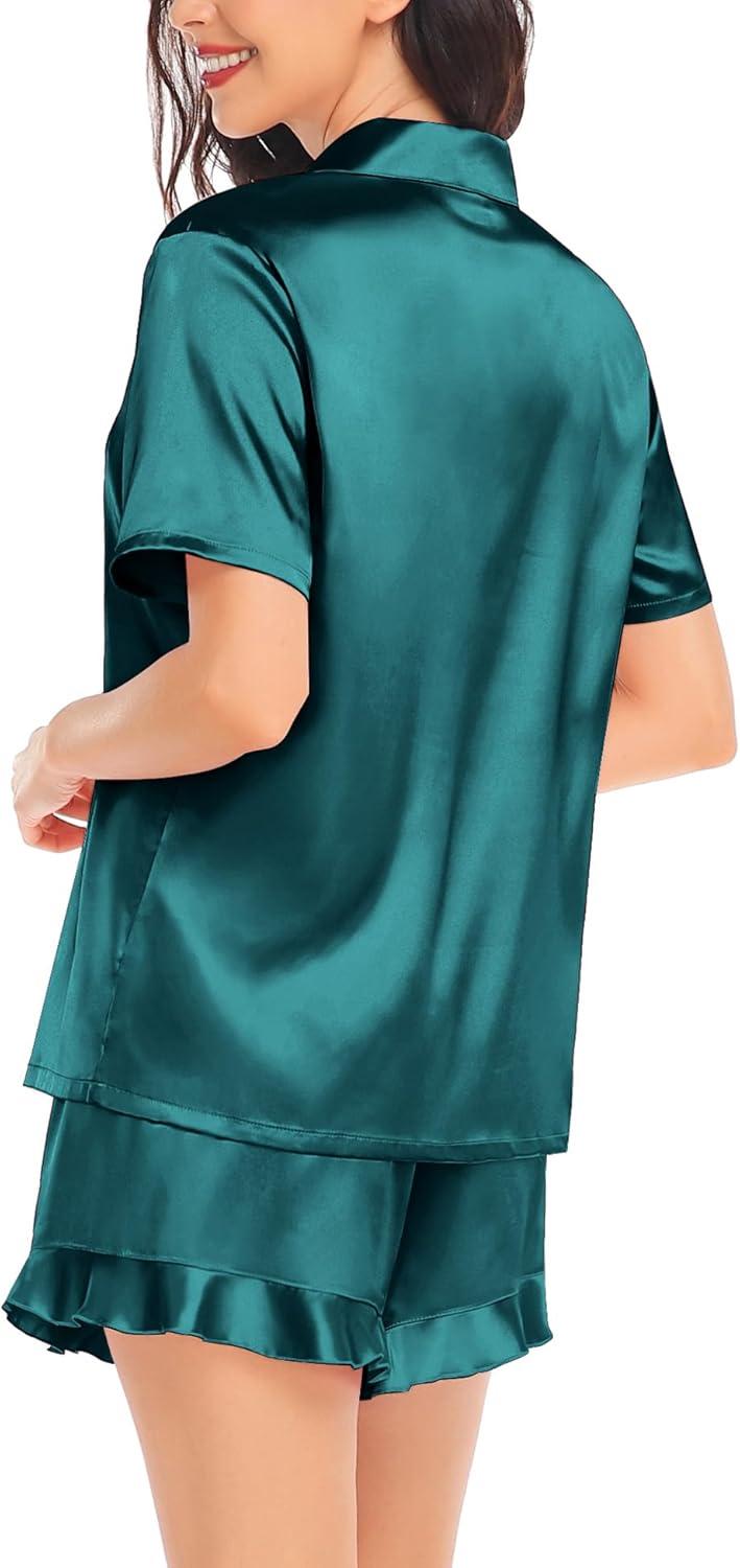 imageSWOMOG Womens Silk Satin Pajamas Set Short Sleeve Button Down Sleepwear Ruffle Hem Shorts PJ Sets TwoPiece LoungewearGreen