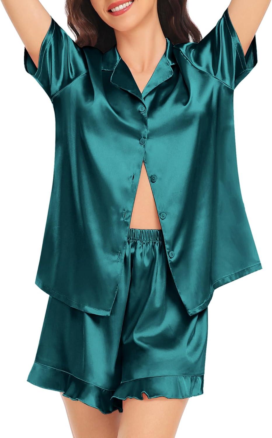 imageSWOMOG Womens Silk Satin Pajamas Set Short Sleeve Button Down Sleepwear Ruffle Hem Shorts PJ Sets TwoPiece LoungewearGreen