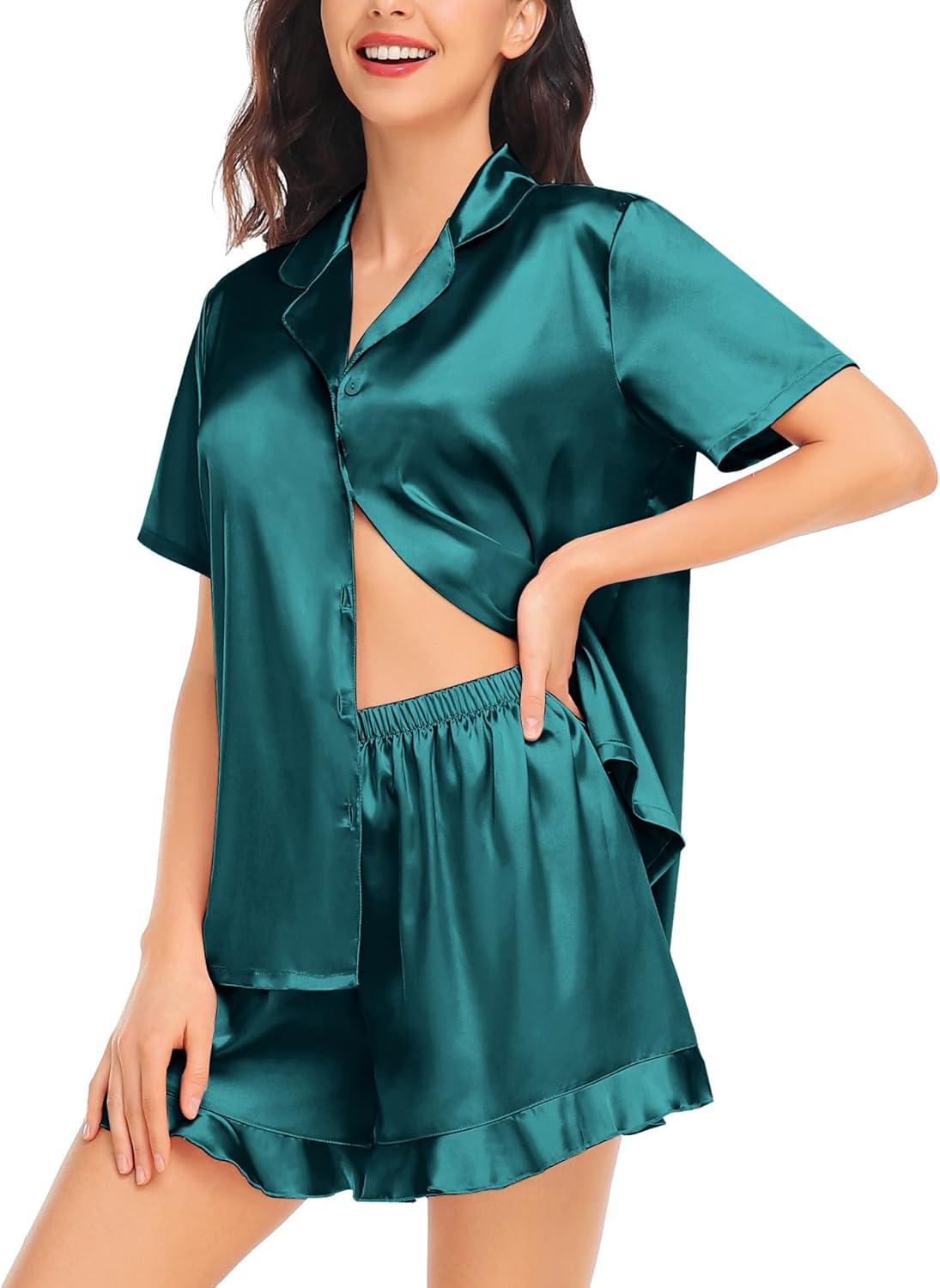 imageSWOMOG Womens Silk Satin Pajamas Set Short Sleeve Button Down Sleepwear Ruffle Hem Shorts PJ Sets TwoPiece LoungewearGreen