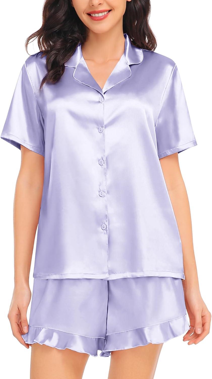 imageSWOMOG Womens Silk Satin Pajamas Set Short Sleeve Button Down Sleepwear Ruffle Hem Shorts PJ Sets TwoPiece LoungewearLavender