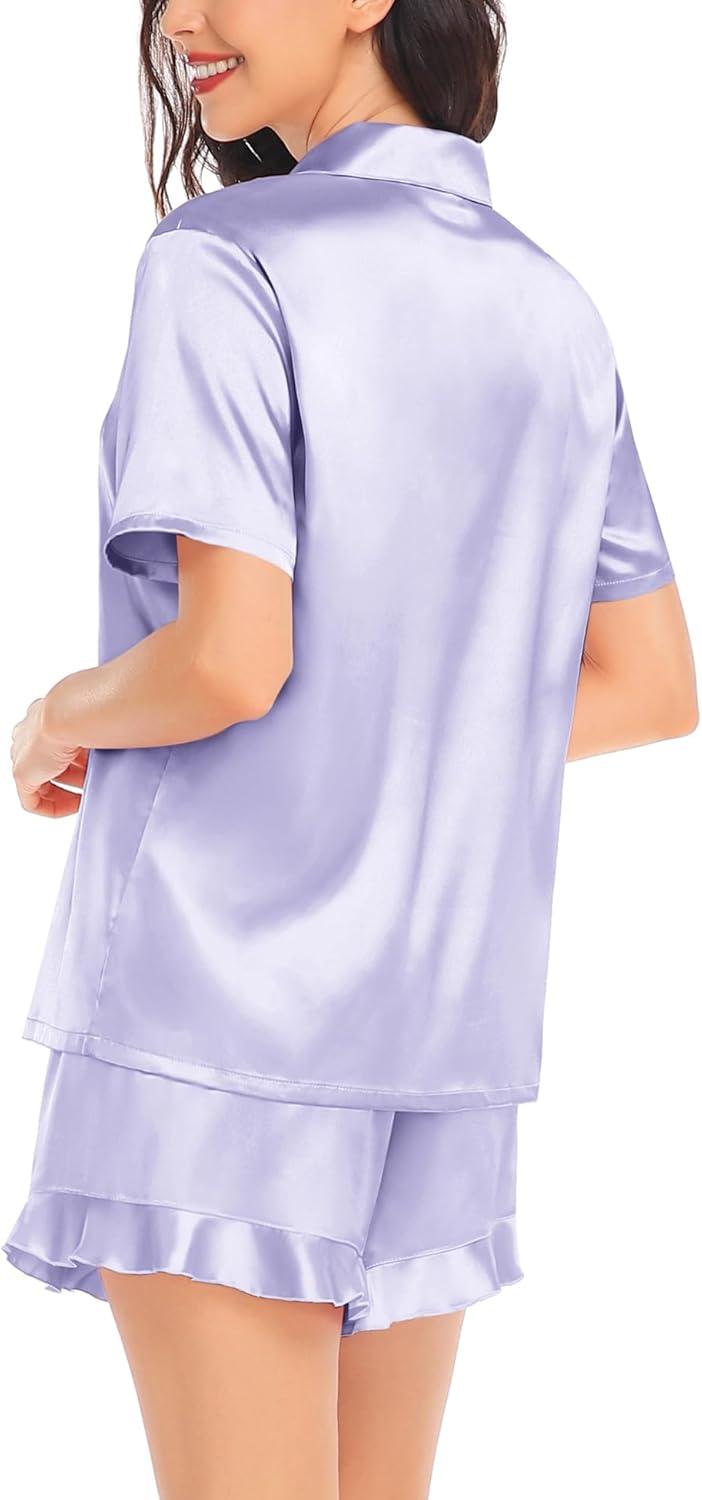 imageSWOMOG Womens Silk Satin Pajamas Set Short Sleeve Button Down Sleepwear Ruffle Hem Shorts PJ Sets TwoPiece LoungewearLavender