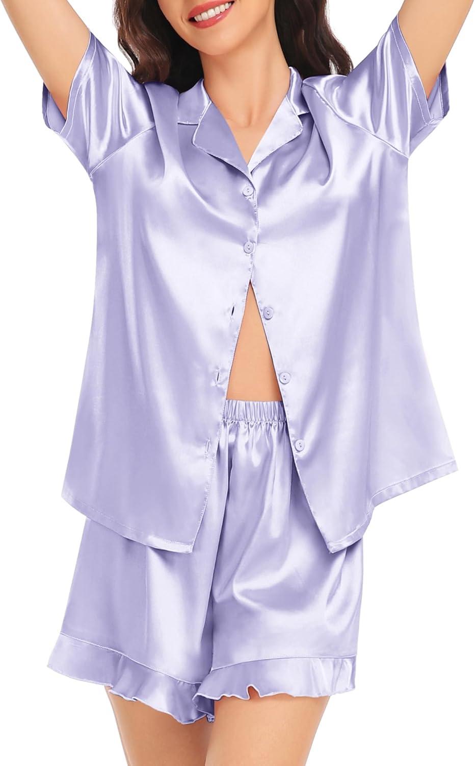 imageSWOMOG Womens Silk Satin Pajamas Set Short Sleeve Button Down Sleepwear Ruffle Hem Shorts PJ Sets TwoPiece LoungewearLavender