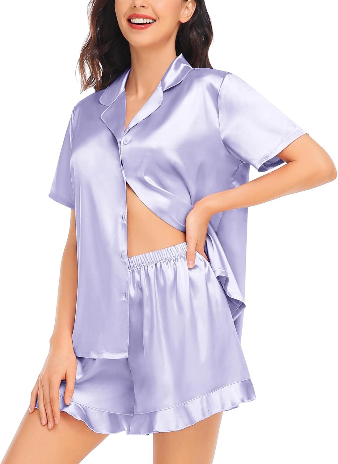 imageSWOMOG Womens Silk Satin Pajamas Set Short Sleeve Button Down Sleepwear Ruffle Hem Shorts PJ Sets TwoPiece LoungewearLavender