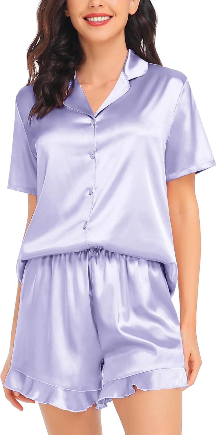 imageSWOMOG Womens Silk Satin Pajamas Set Short Sleeve Button Down Sleepwear Ruffle Hem Shorts PJ Sets TwoPiece LoungewearLavender