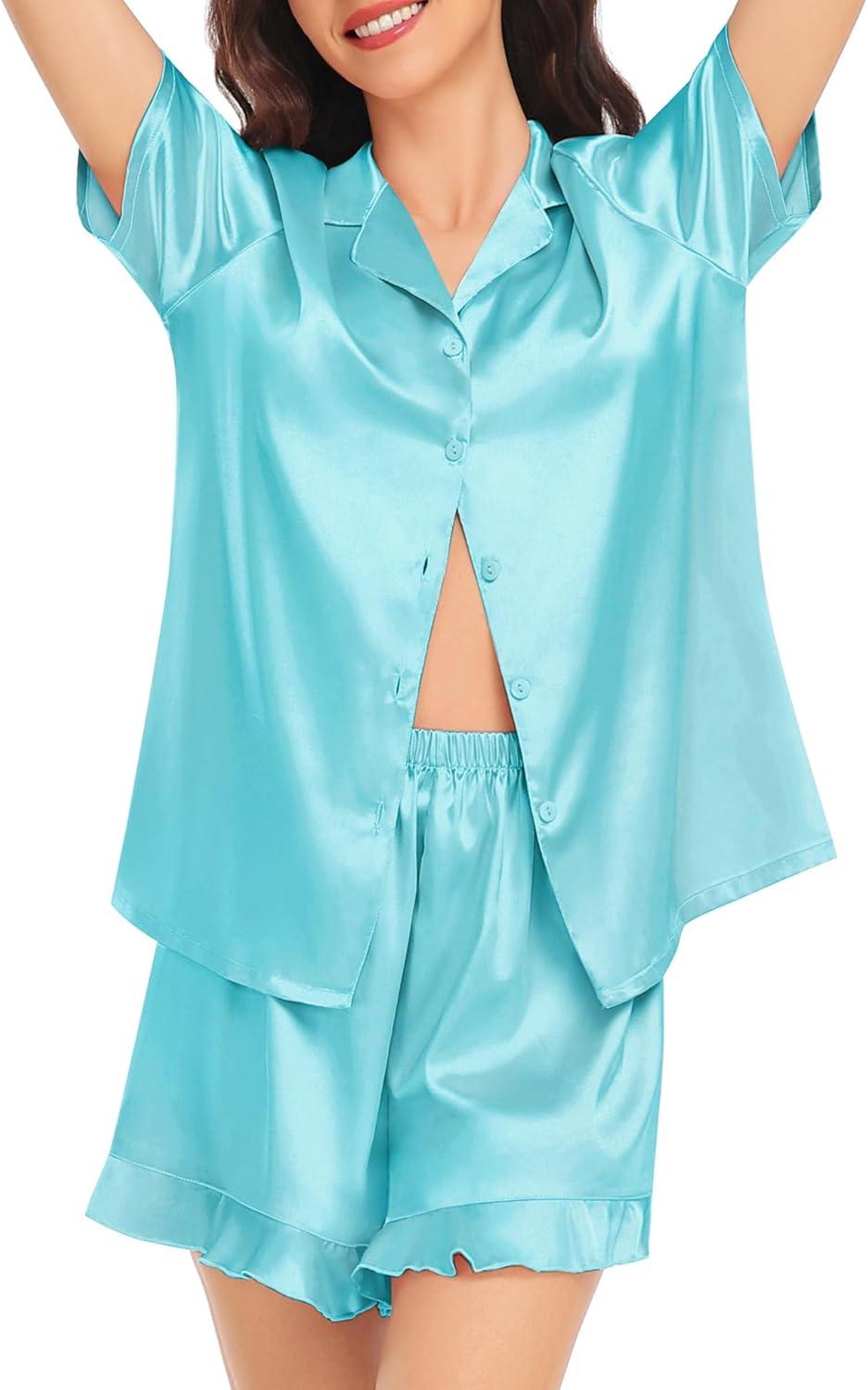 imageSWOMOG Womens Silk Satin Pajamas Set Short Sleeve Button Down Sleepwear Ruffle Hem Shorts PJ Sets TwoPiece LoungewearLight Blue