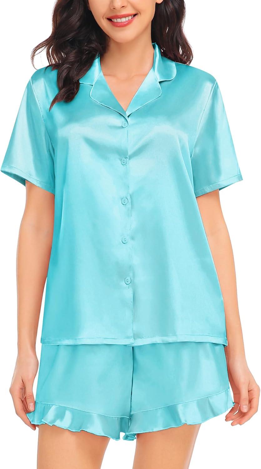 imageSWOMOG Womens Silk Satin Pajamas Set Short Sleeve Button Down Sleepwear Ruffle Hem Shorts PJ Sets TwoPiece LoungewearLight Blue