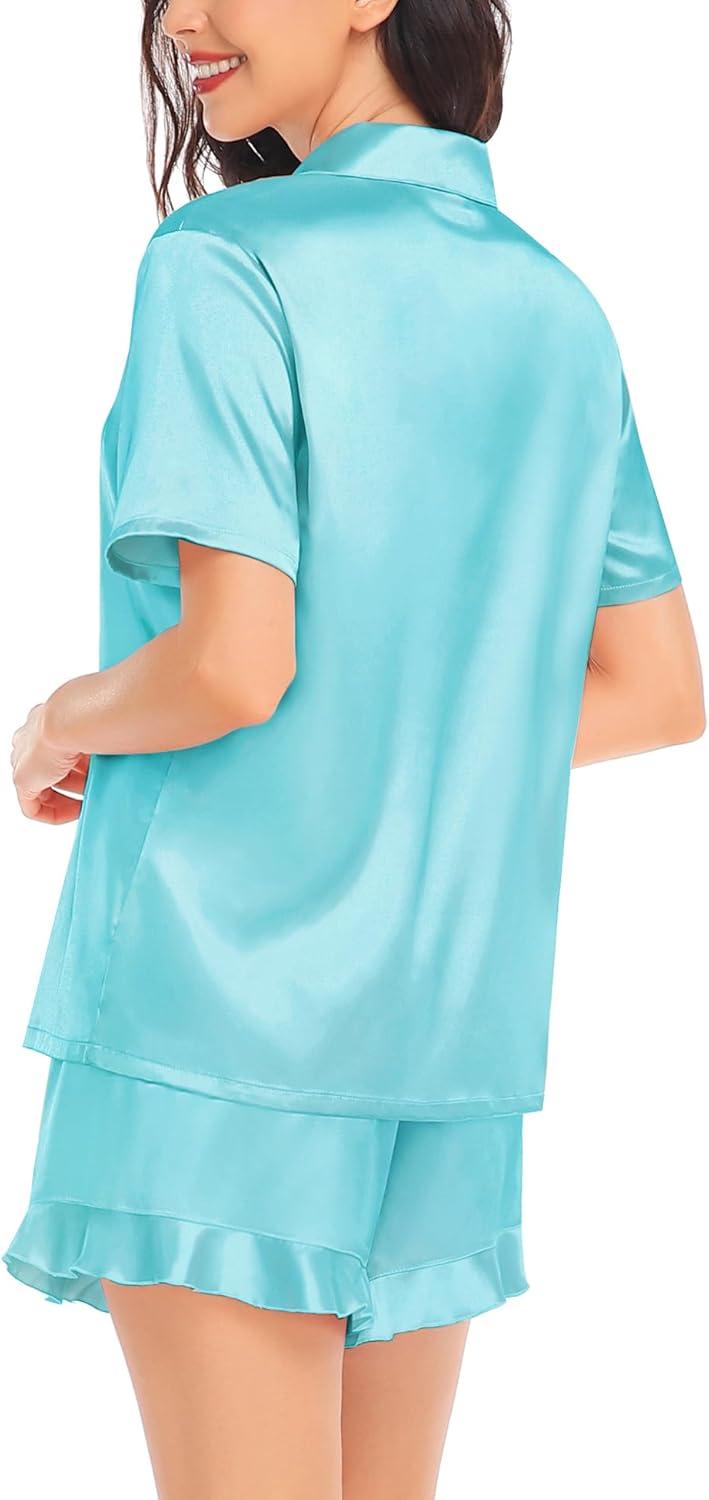imageSWOMOG Womens Silk Satin Pajamas Set Short Sleeve Button Down Sleepwear Ruffle Hem Shorts PJ Sets TwoPiece LoungewearLight Blue