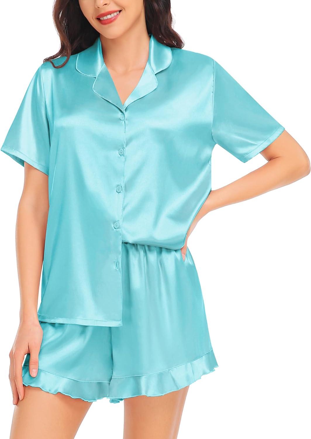 imageSWOMOG Womens Silk Satin Pajamas Set Short Sleeve Button Down Sleepwear Ruffle Hem Shorts PJ Sets TwoPiece LoungewearLight Blue
