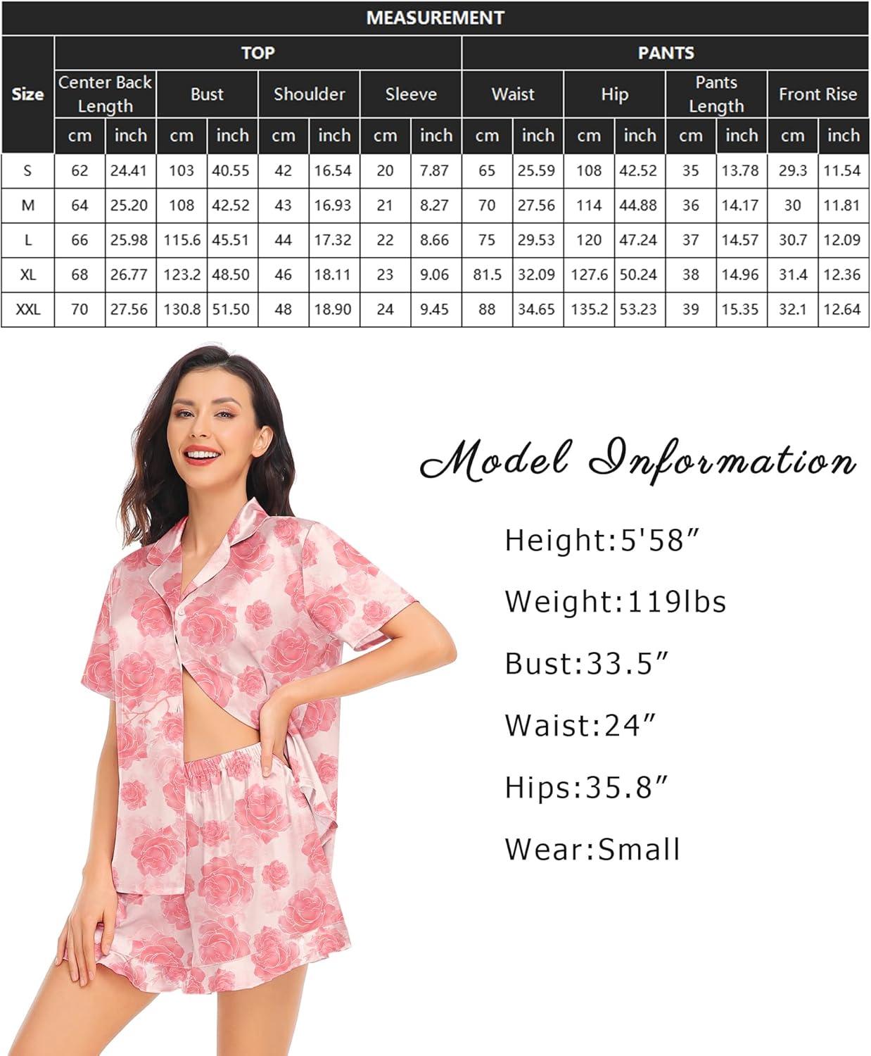 imageSWOMOG Womens Silk Satin Pajamas Set Short Sleeve Button Down Sleepwear Ruffle Hem Shorts PJ Sets TwoPiece LoungewearPink Rose Floral