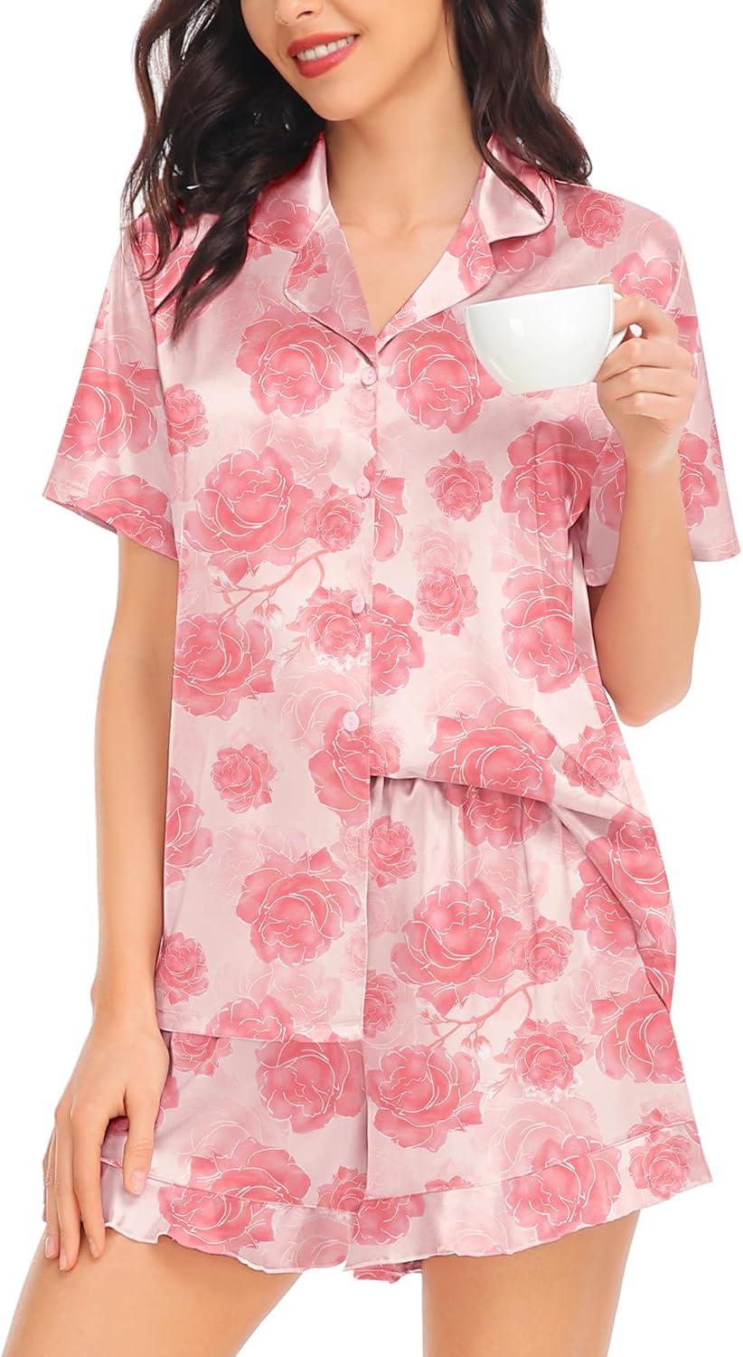 imageSWOMOG Womens Silk Satin Pajamas Set Short Sleeve Button Down Sleepwear Ruffle Hem Shorts PJ Sets TwoPiece LoungewearPink Rose Floral