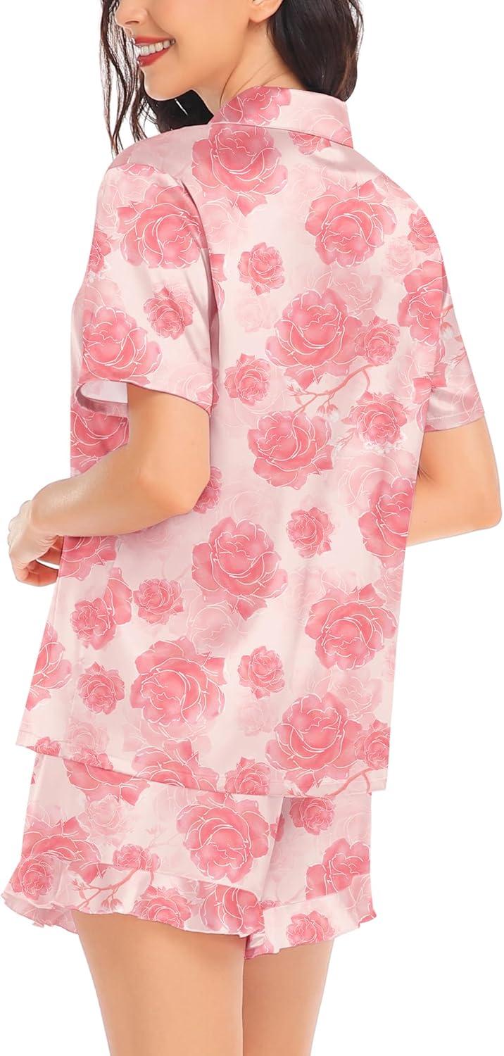 imageSWOMOG Womens Silk Satin Pajamas Set Short Sleeve Button Down Sleepwear Ruffle Hem Shorts PJ Sets TwoPiece LoungewearPink Rose Floral
