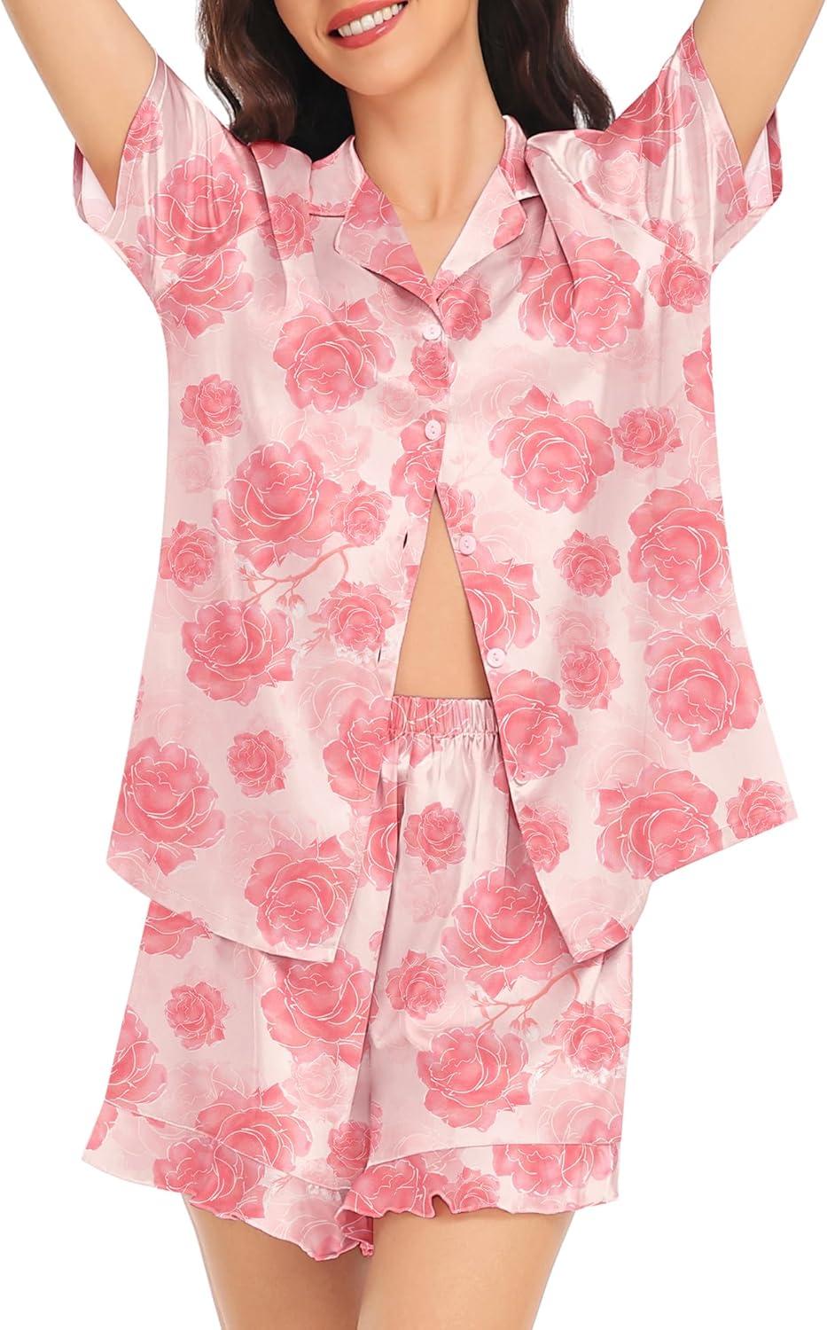 imageSWOMOG Womens Silk Satin Pajamas Set Short Sleeve Button Down Sleepwear Ruffle Hem Shorts PJ Sets TwoPiece LoungewearPink Rose Floral