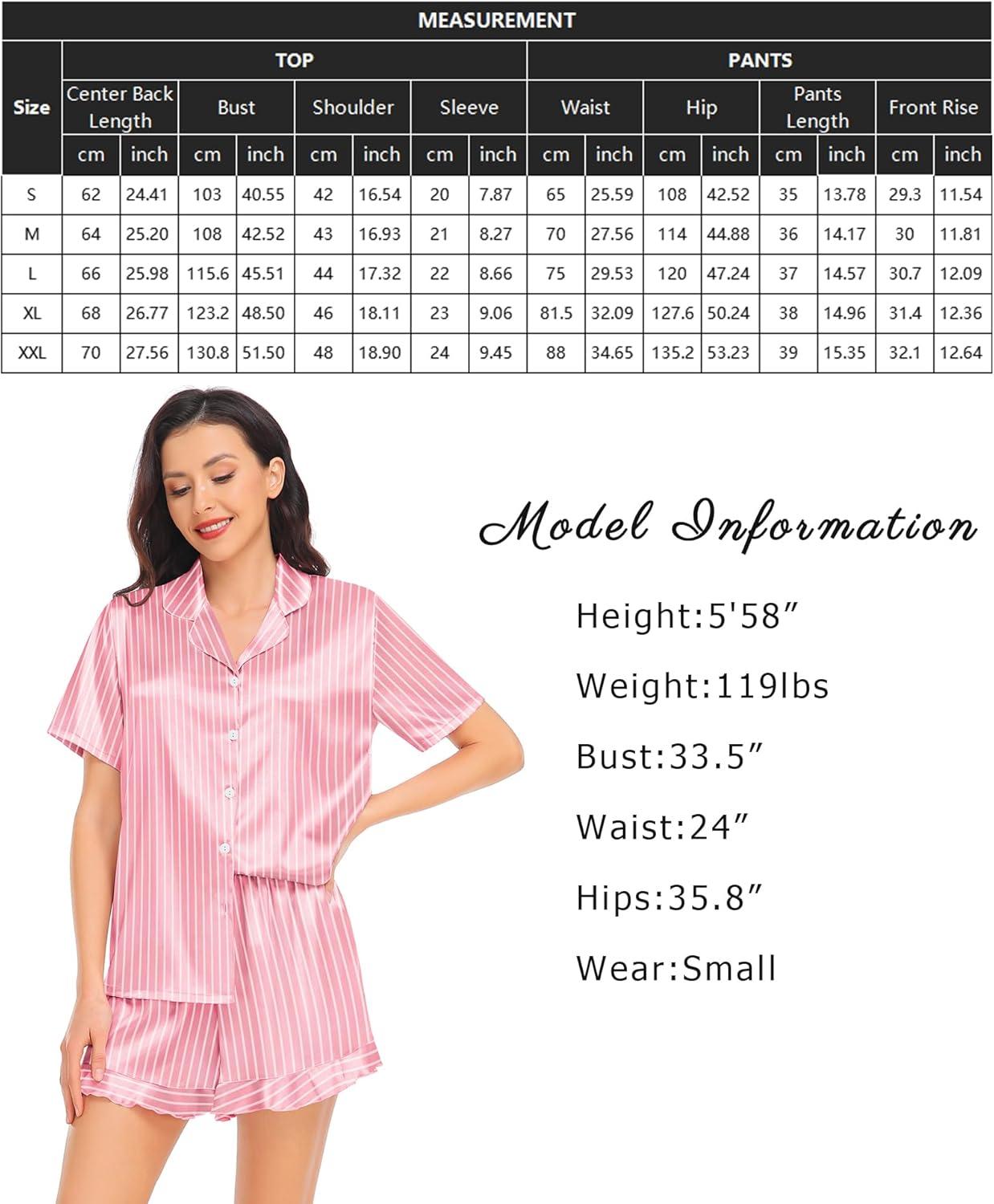 imageSWOMOG Womens Silk Satin Pajamas Set Short Sleeve Button Down Sleepwear Ruffle Hem Shorts PJ Sets TwoPiece LoungewearPink Striped