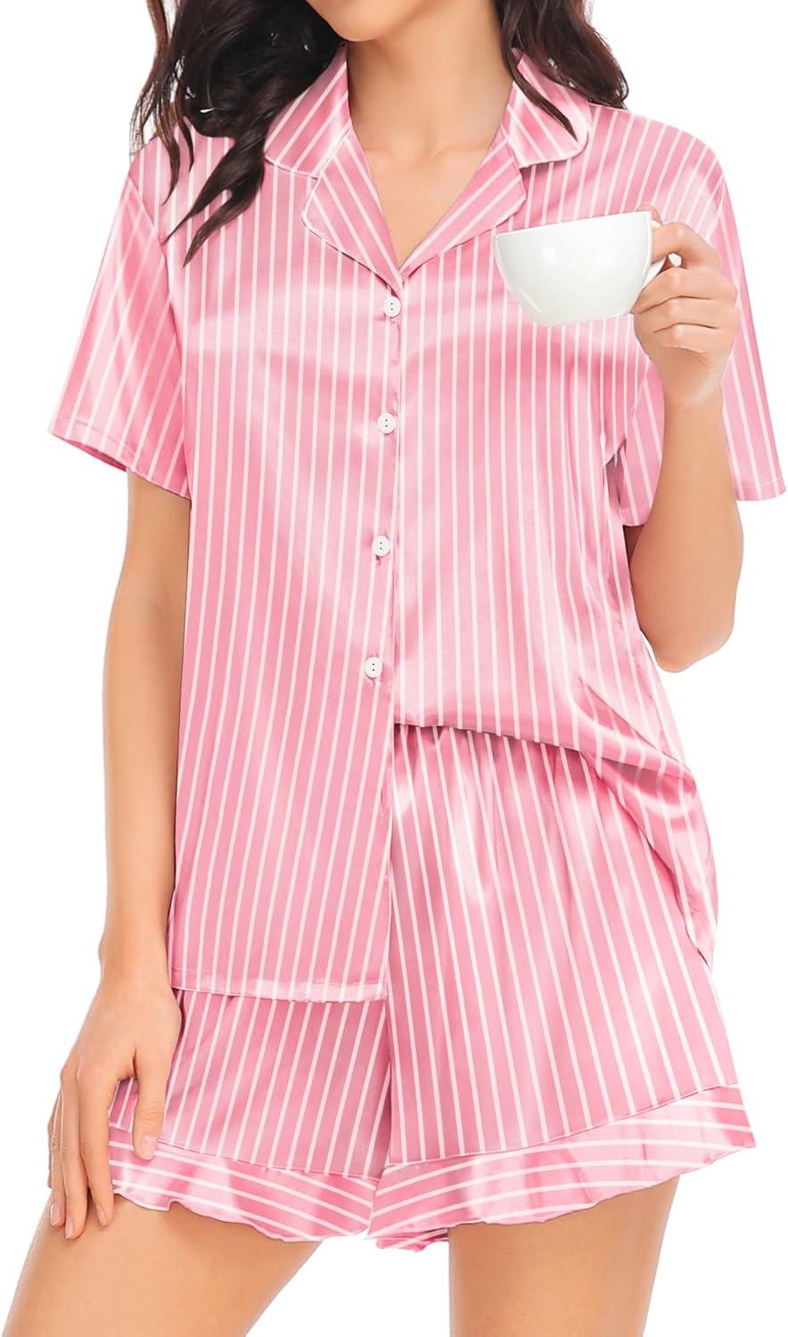 imageSWOMOG Womens Silk Satin Pajamas Set Short Sleeve Button Down Sleepwear Ruffle Hem Shorts PJ Sets TwoPiece LoungewearPink Striped