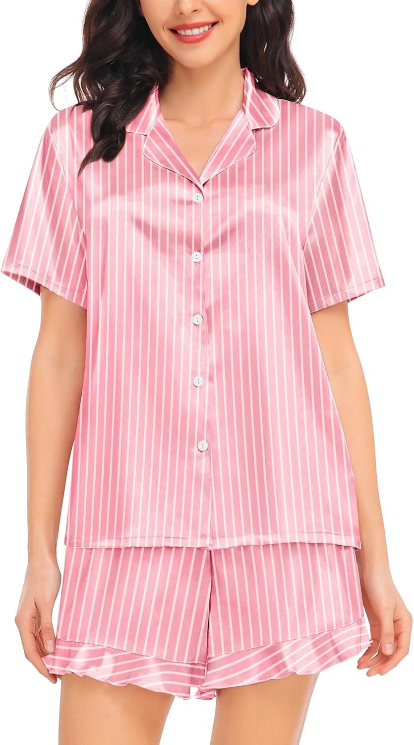 imageSWOMOG Womens Silk Satin Pajamas Set Short Sleeve Button Down Sleepwear Ruffle Hem Shorts PJ Sets TwoPiece LoungewearPink Striped