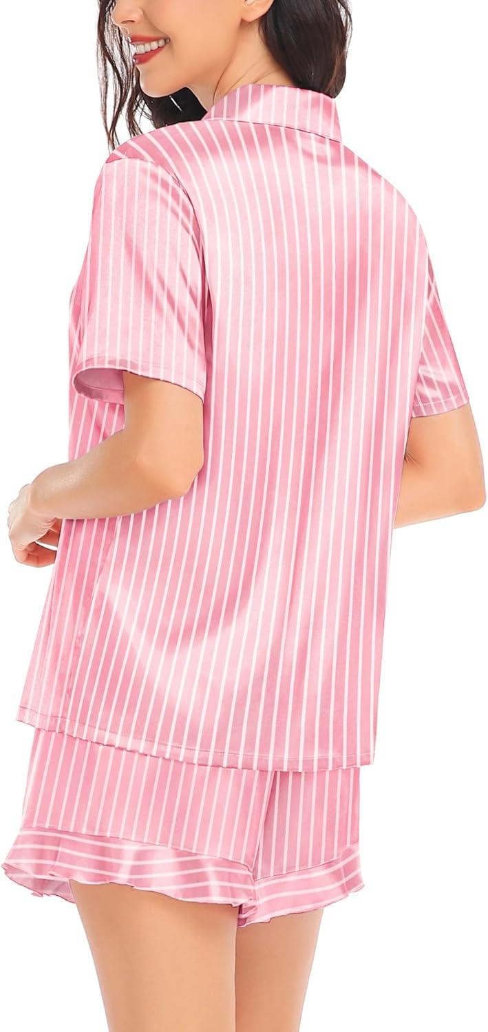 imageSWOMOG Womens Silk Satin Pajamas Set Short Sleeve Button Down Sleepwear Ruffle Hem Shorts PJ Sets TwoPiece LoungewearPink Striped