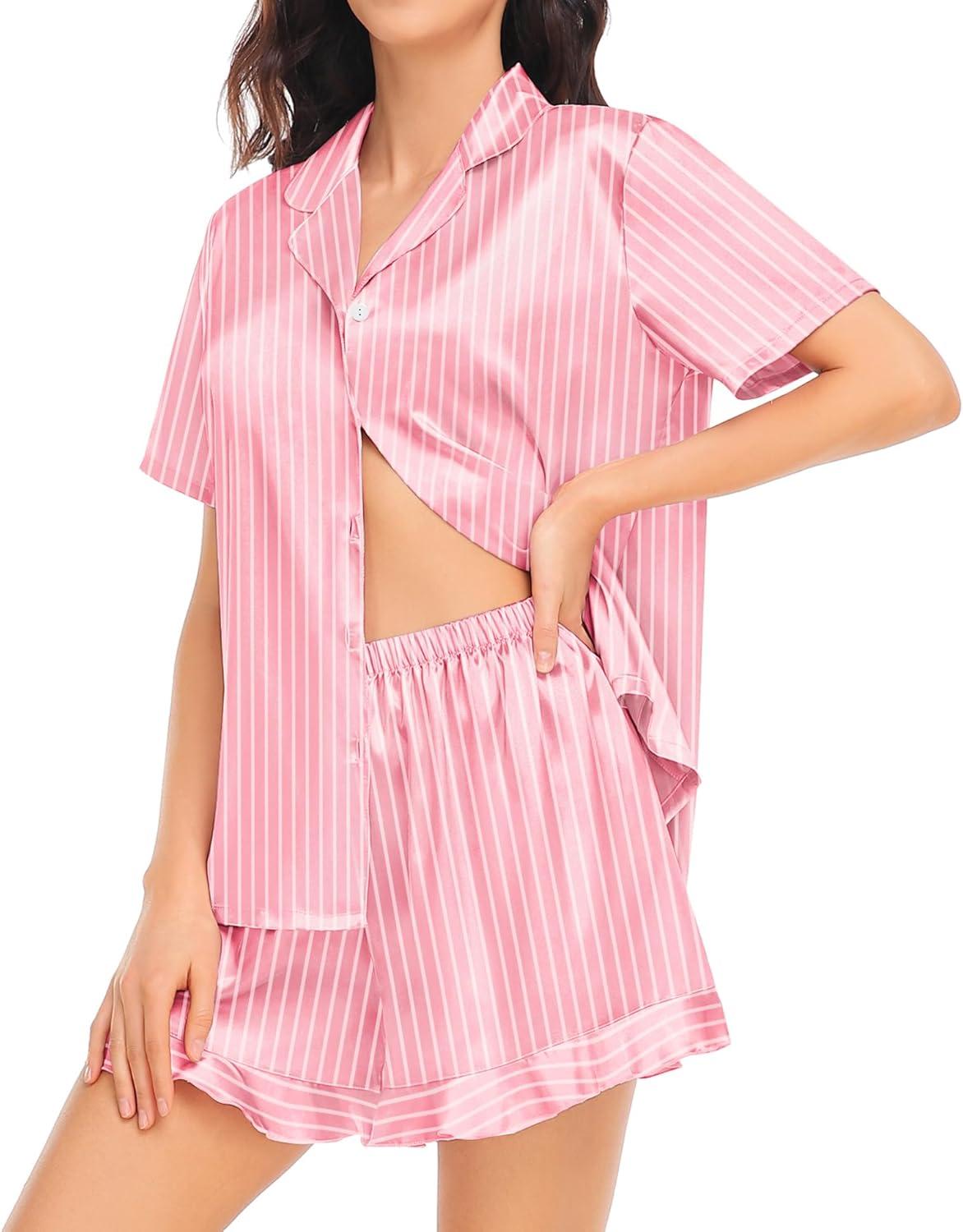 imageSWOMOG Womens Silk Satin Pajamas Set Short Sleeve Button Down Sleepwear Ruffle Hem Shorts PJ Sets TwoPiece LoungewearPink Striped