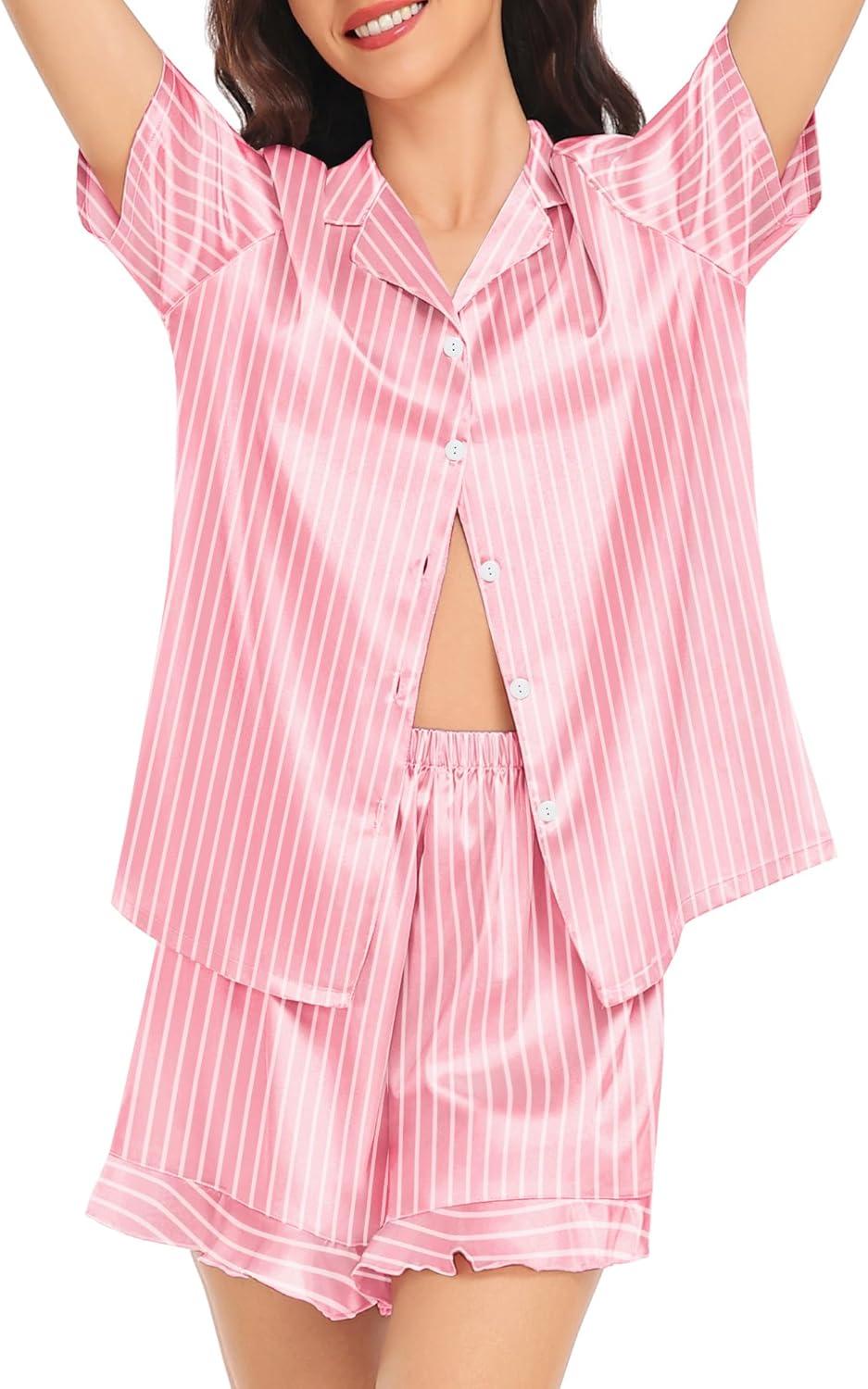 imageSWOMOG Womens Silk Satin Pajamas Set Short Sleeve Button Down Sleepwear Ruffle Hem Shorts PJ Sets TwoPiece LoungewearPink Striped
