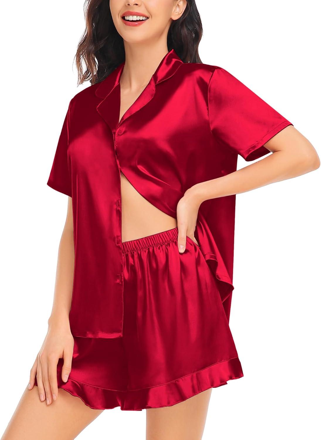 imageSWOMOG Womens Silk Satin Pajamas Set Short Sleeve Button Down Sleepwear Ruffle Hem Shorts PJ Sets TwoPiece LoungewearRed1