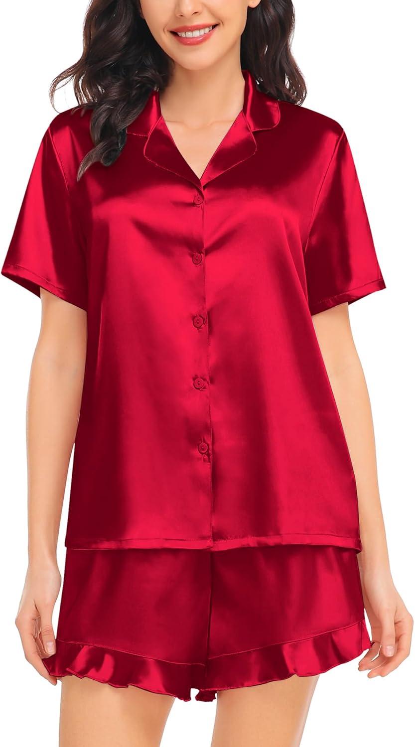 imageSWOMOG Womens Silk Satin Pajamas Set Short Sleeve Button Down Sleepwear Ruffle Hem Shorts PJ Sets TwoPiece LoungewearRed1