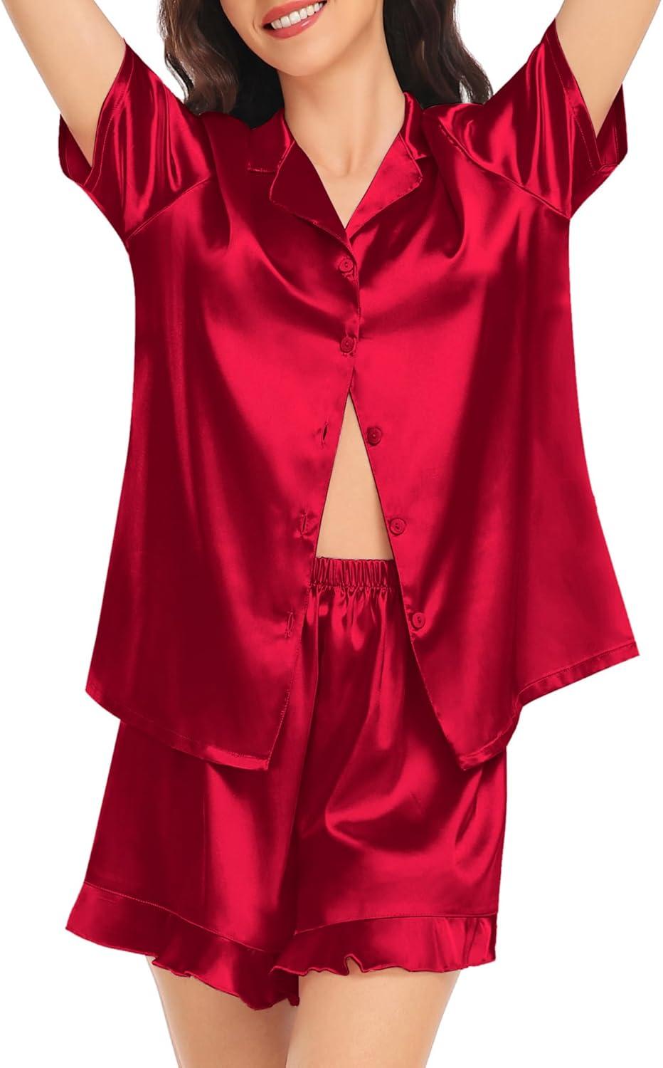imageSWOMOG Womens Silk Satin Pajamas Set Short Sleeve Button Down Sleepwear Ruffle Hem Shorts PJ Sets TwoPiece LoungewearRed1