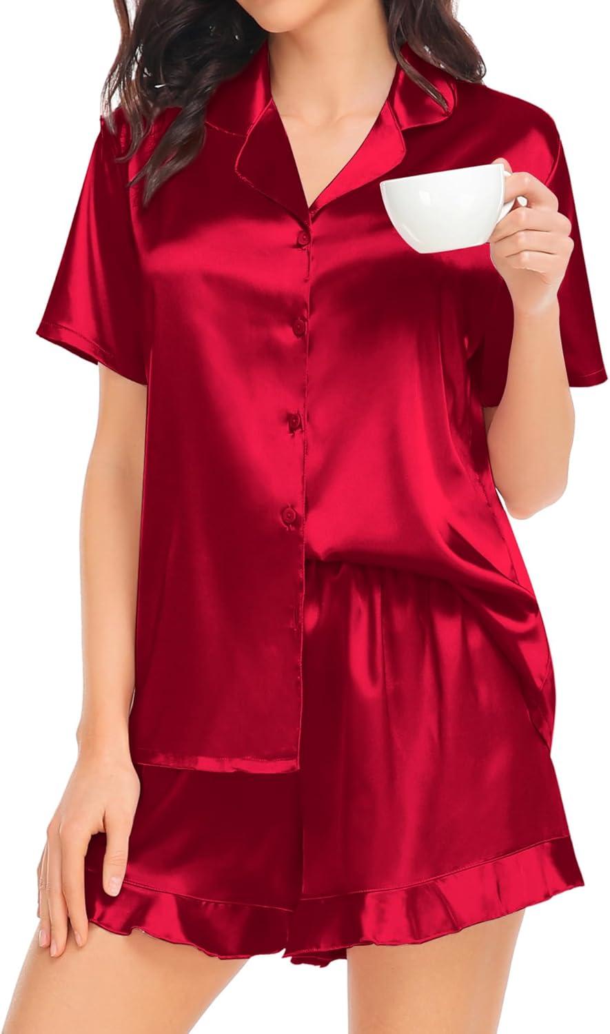 imageSWOMOG Womens Silk Satin Pajamas Set Short Sleeve Button Down Sleepwear Ruffle Hem Shorts PJ Sets TwoPiece LoungewearRed1