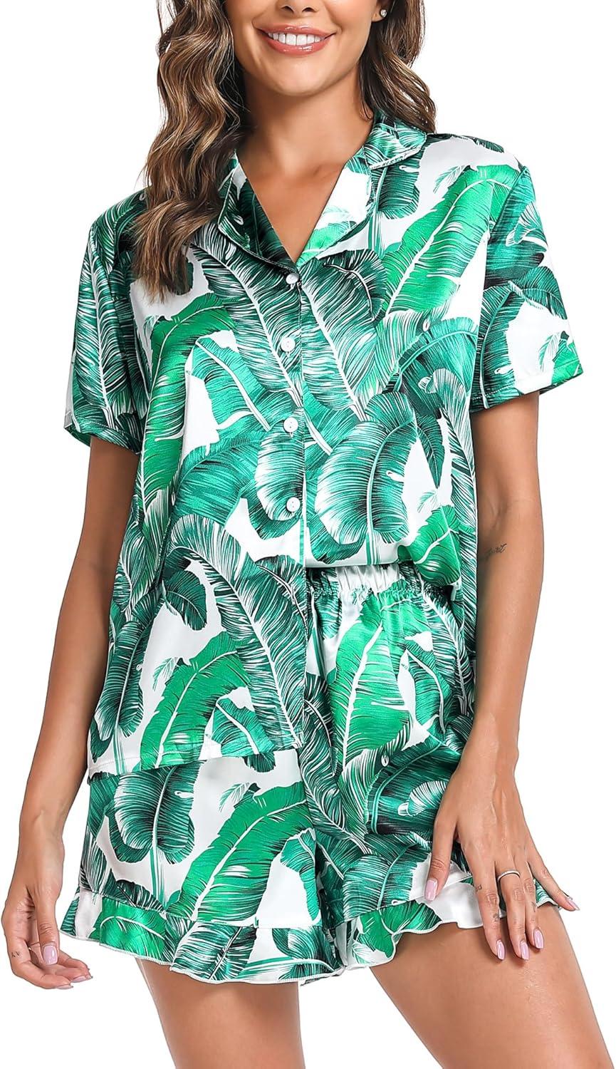 imageSWOMOG Womens Silk Satin Pajamas Set Short Sleeve Button Down Sleepwear Ruffle Hem Shorts PJ Sets TwoPiece LoungewearWhite Leaves