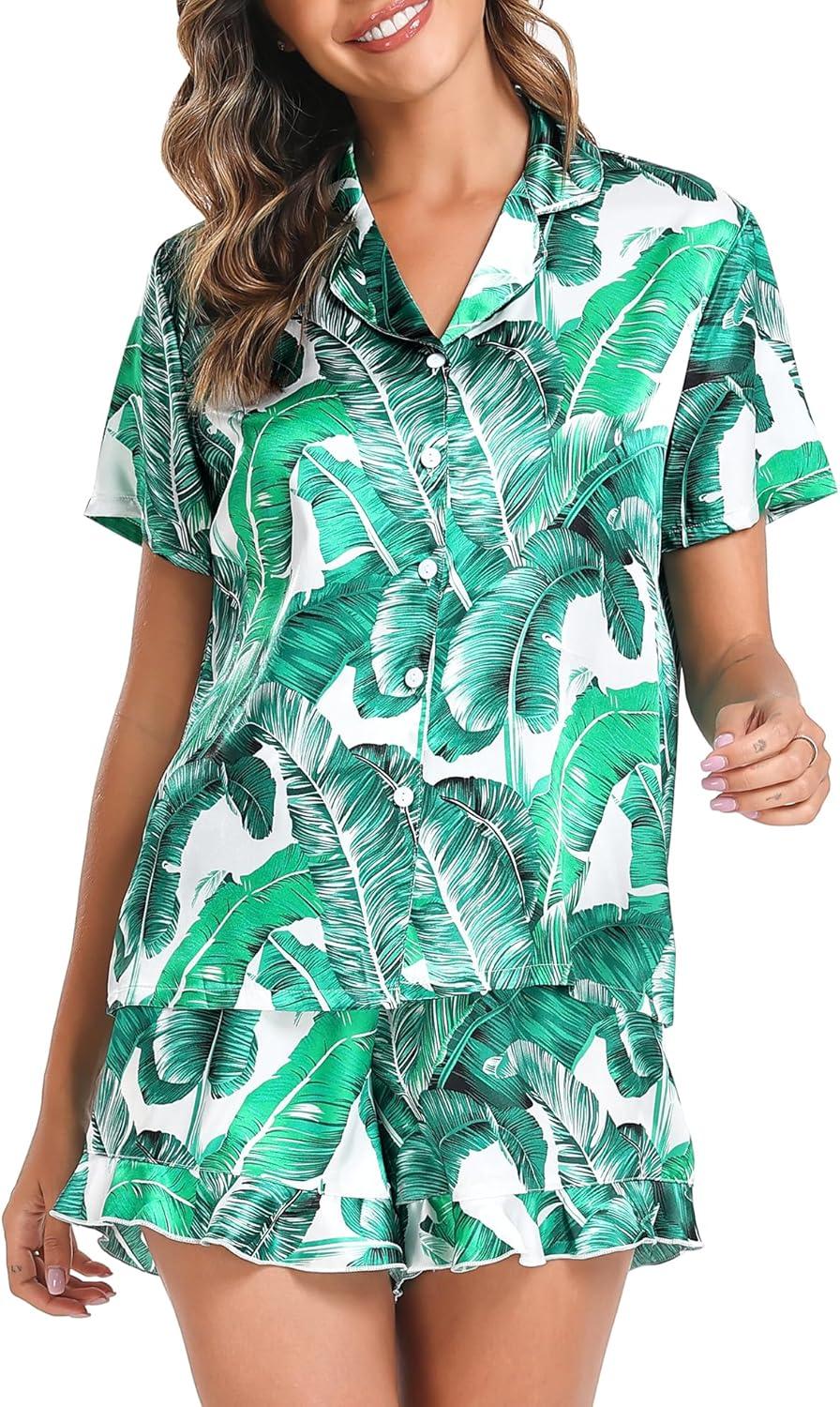 imageSWOMOG Womens Silk Satin Pajamas Set Short Sleeve Button Down Sleepwear Ruffle Hem Shorts PJ Sets TwoPiece LoungewearWhite Leaves