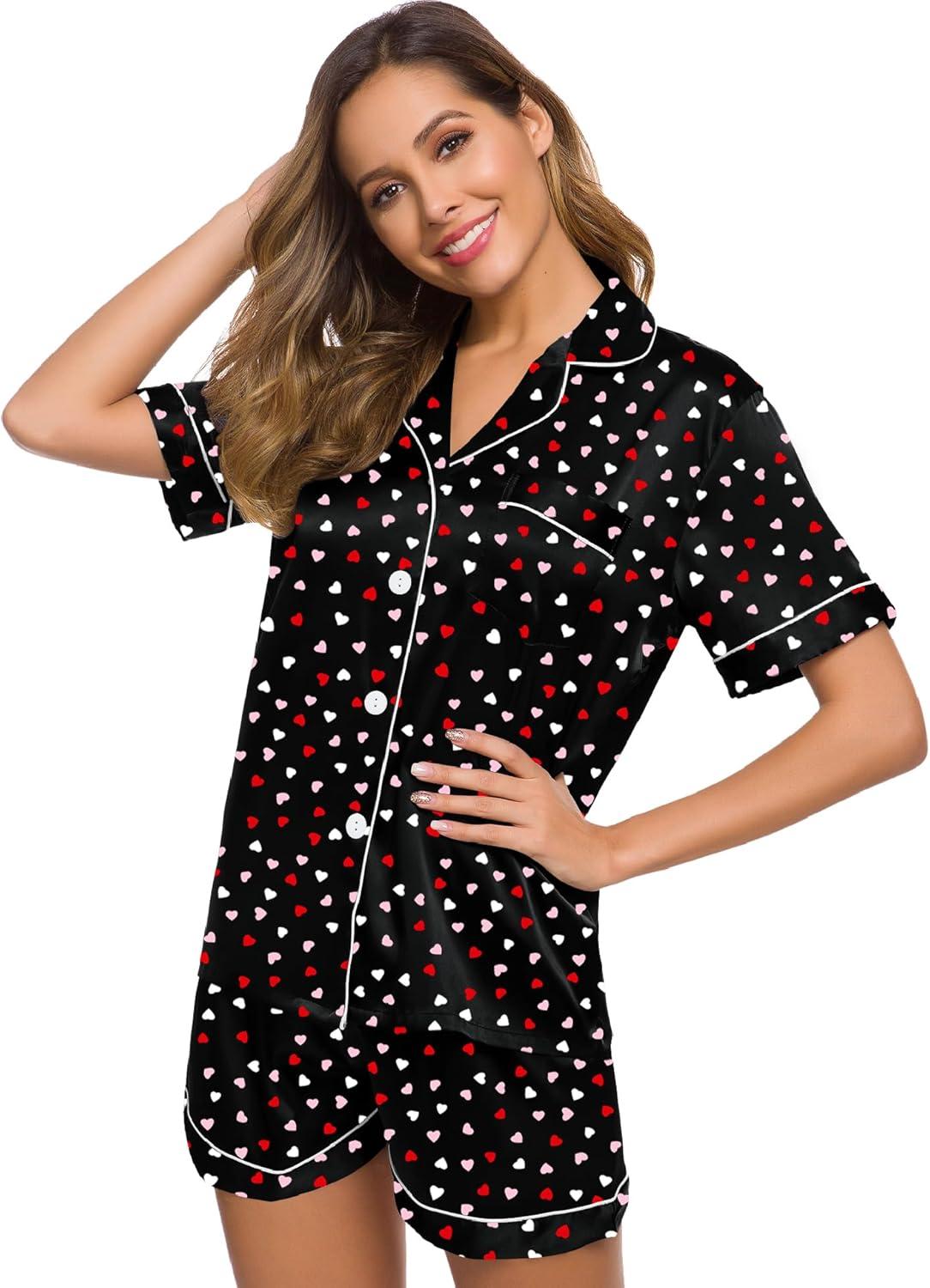 imageSWOMOG Womens Silk Satin Pajamas Set Short Sleeve Sleepwear Button Down Top and Shorts Loungewear 2 Piece Pjs Set XS3XLHeart Collage White Piping Buttons