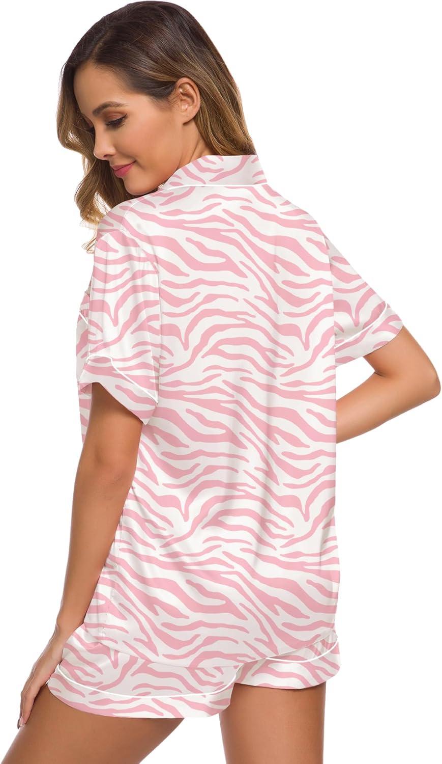imageSWOMOG Womens Silk Satin Pajamas Set Short Sleeve Sleepwear Button Down Top and Shorts Loungewear 2 Piece Pjs Set XS3XLZebra Pattern