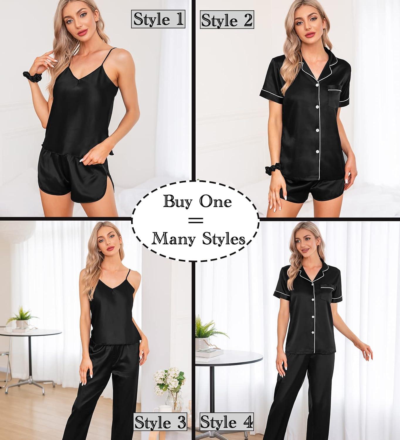 imageSWOMOG Womens Silk Satin Pajamas Sets 7pcs Sleepwear Sexy Cami Shorts Set and Button Down Short Sleeve Satin PjsBlack