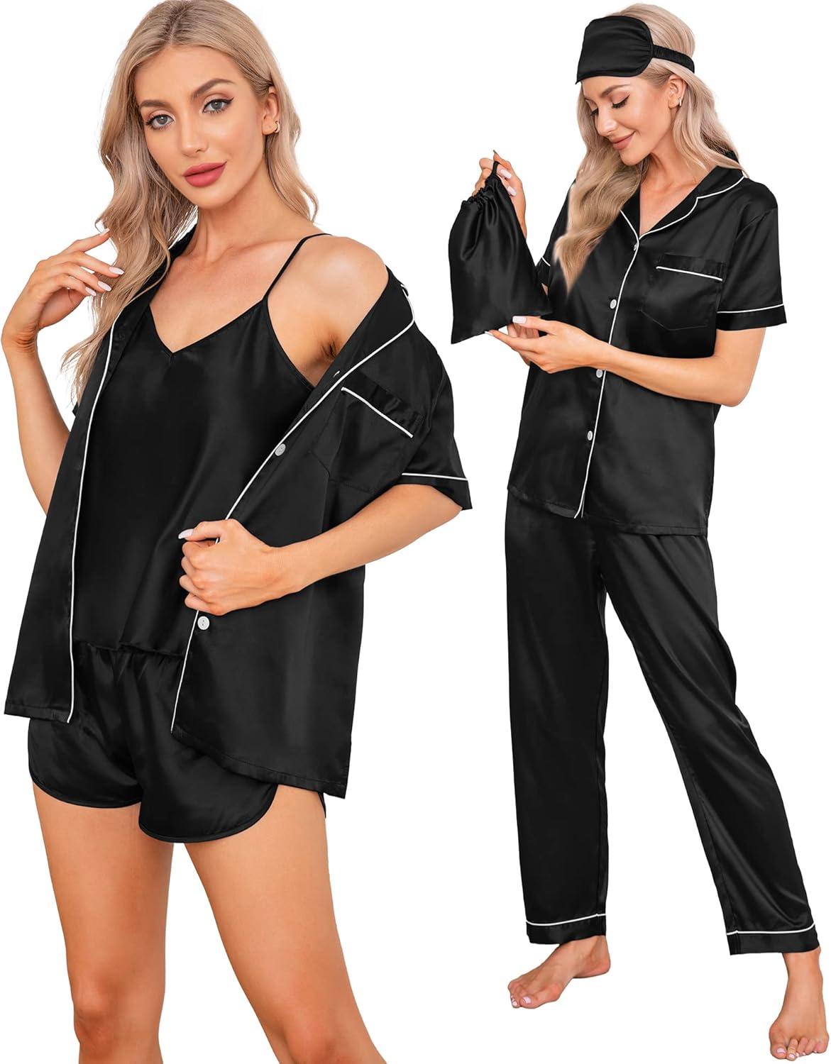 imageSWOMOG Womens Silk Satin Pajamas Sets 7pcs Sleepwear Sexy Cami Shorts Set and Button Down Short Sleeve Satin PjsBlack