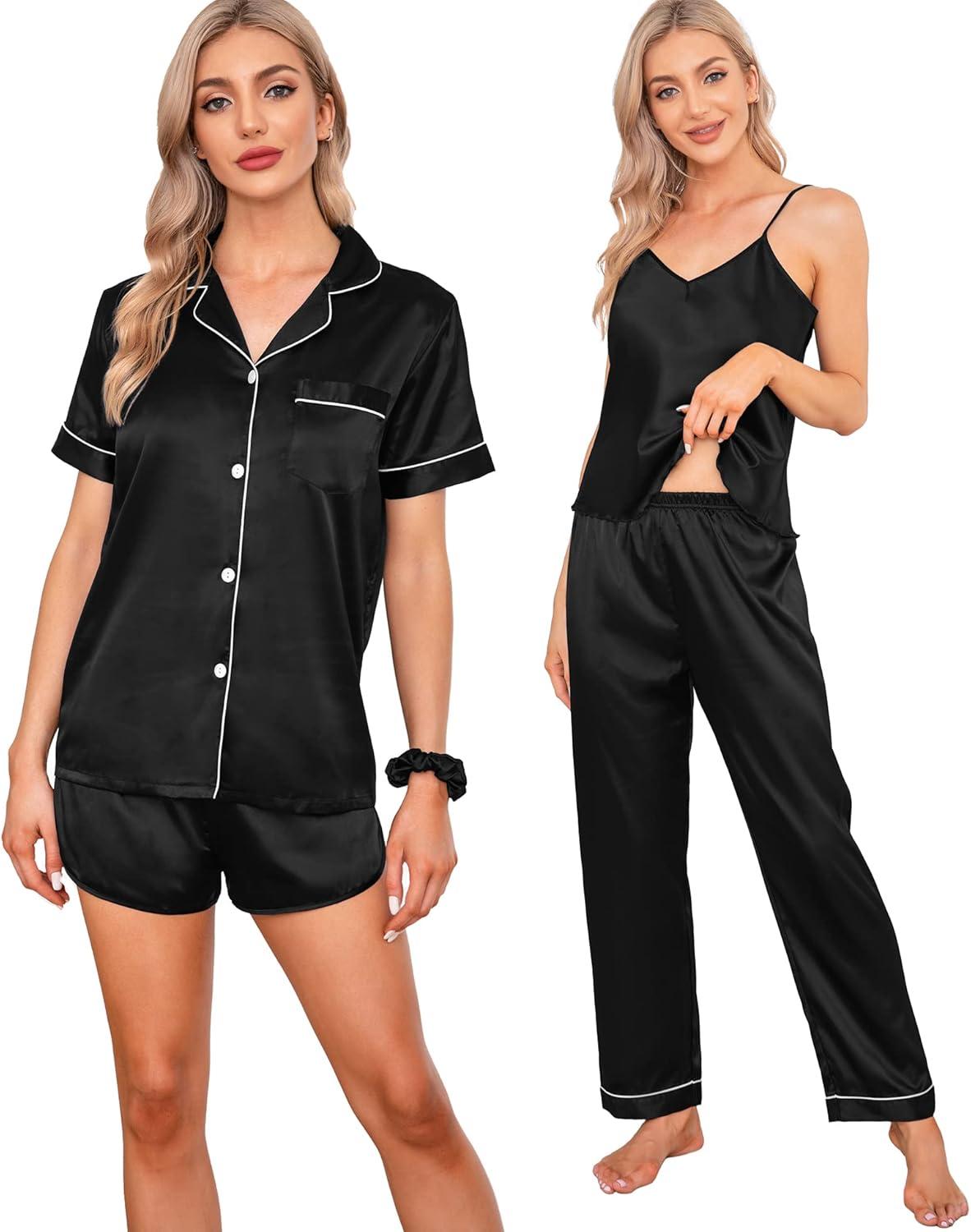 imageSWOMOG Womens Silk Satin Pajamas Sets 7pcs Sleepwear Sexy Cami Shorts Set and Button Down Short Sleeve Satin PjsBlack
