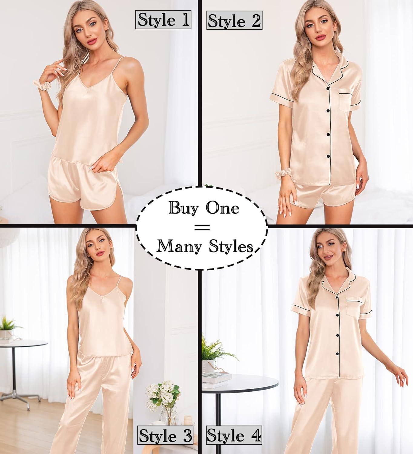 imageSWOMOG Womens Silk Satin Pajamas Sets 7pcs Sleepwear Sexy Cami Shorts Set and Button Down Short Sleeve Satin PjsChampagne
