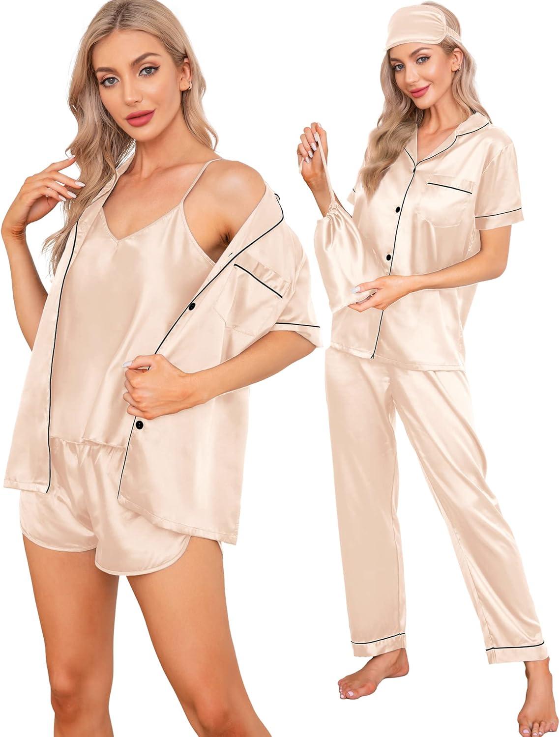 imageSWOMOG Womens Silk Satin Pajamas Sets 7pcs Sleepwear Sexy Cami Shorts Set and Button Down Short Sleeve Satin PjsChampagne