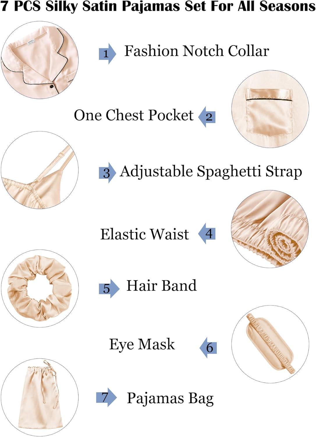 imageSWOMOG Womens Silk Satin Pajamas Sets 7pcs Sleepwear Sexy Cami Shorts Set and Button Down Short Sleeve Satin PjsChampagne