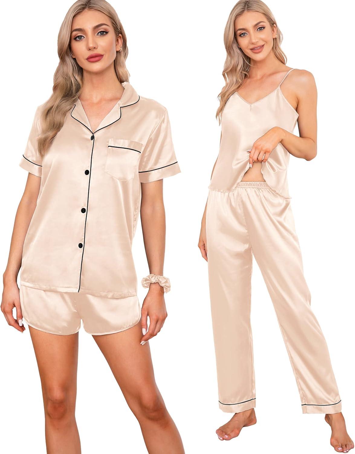 imageSWOMOG Womens Silk Satin Pajamas Sets 7pcs Sleepwear Sexy Cami Shorts Set and Button Down Short Sleeve Satin PjsChampagne