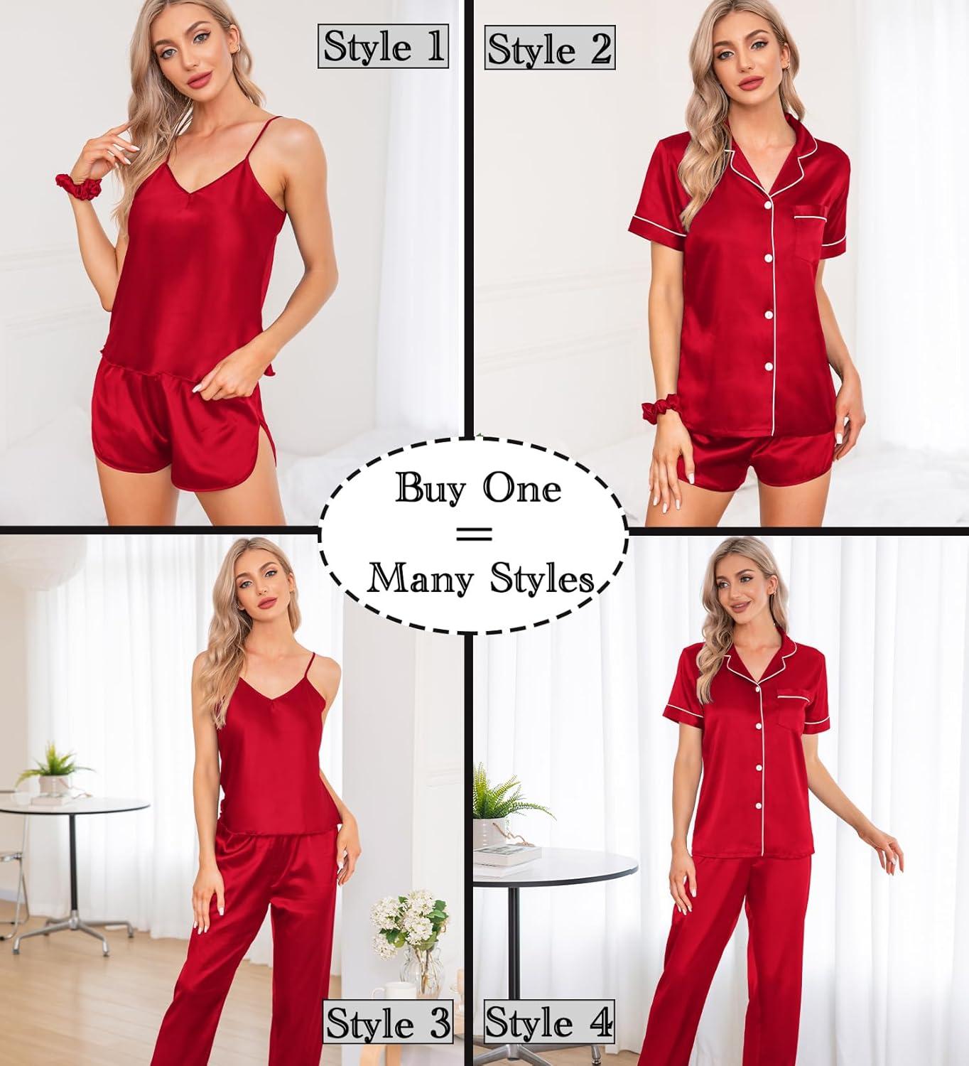 imageSWOMOG Womens Silk Satin Pajamas Sets 7pcs Sleepwear Sexy Cami Shorts Set and Button Down Short Sleeve Satin PjsChristmas Red