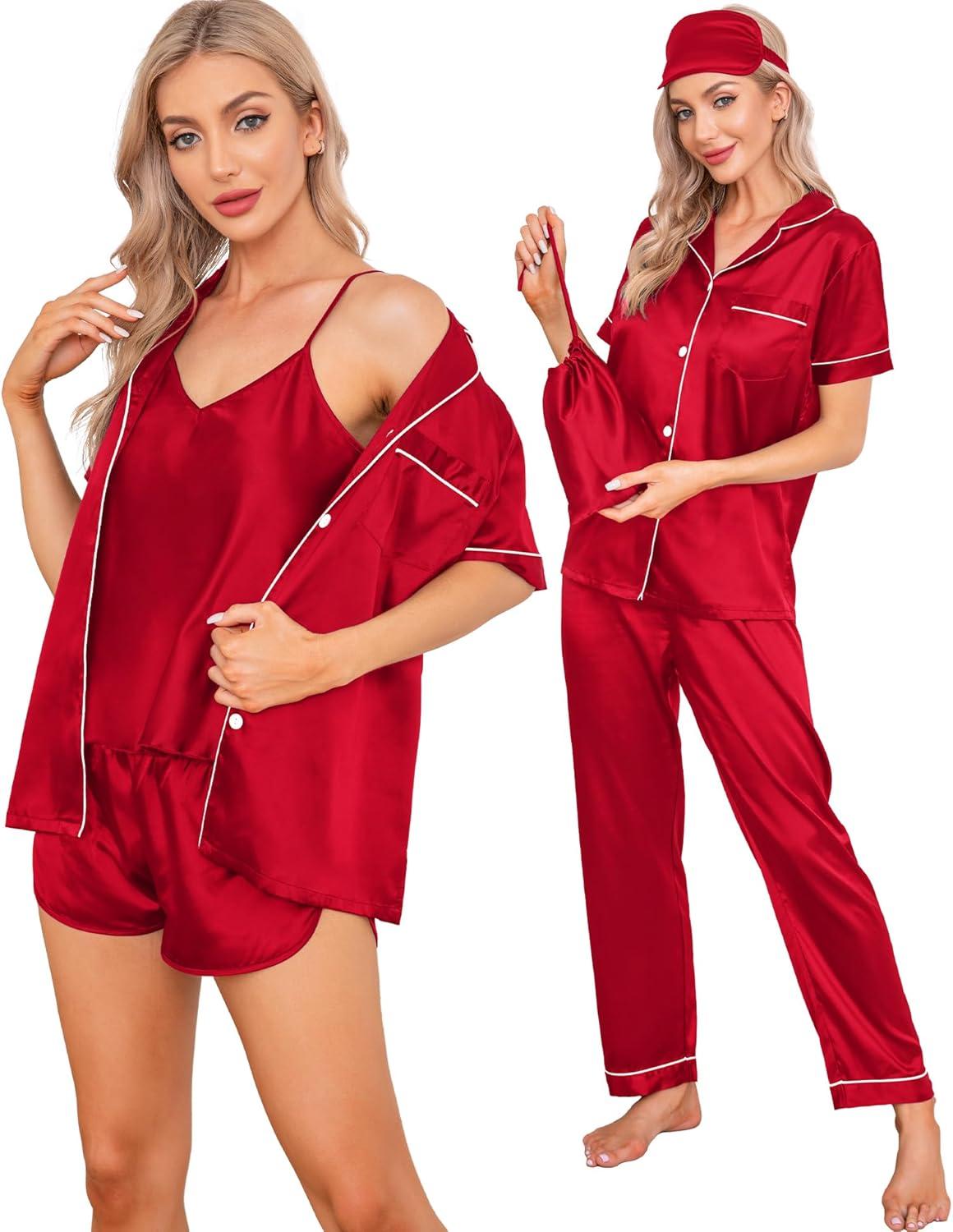 imageSWOMOG Womens Silk Satin Pajamas Sets 7pcs Sleepwear Sexy Cami Shorts Set and Button Down Short Sleeve Satin PjsChristmas Red