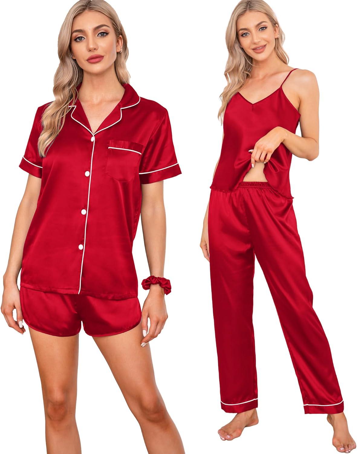 imageSWOMOG Womens Silk Satin Pajamas Sets 7pcs Sleepwear Sexy Cami Shorts Set and Button Down Short Sleeve Satin PjsChristmas Red