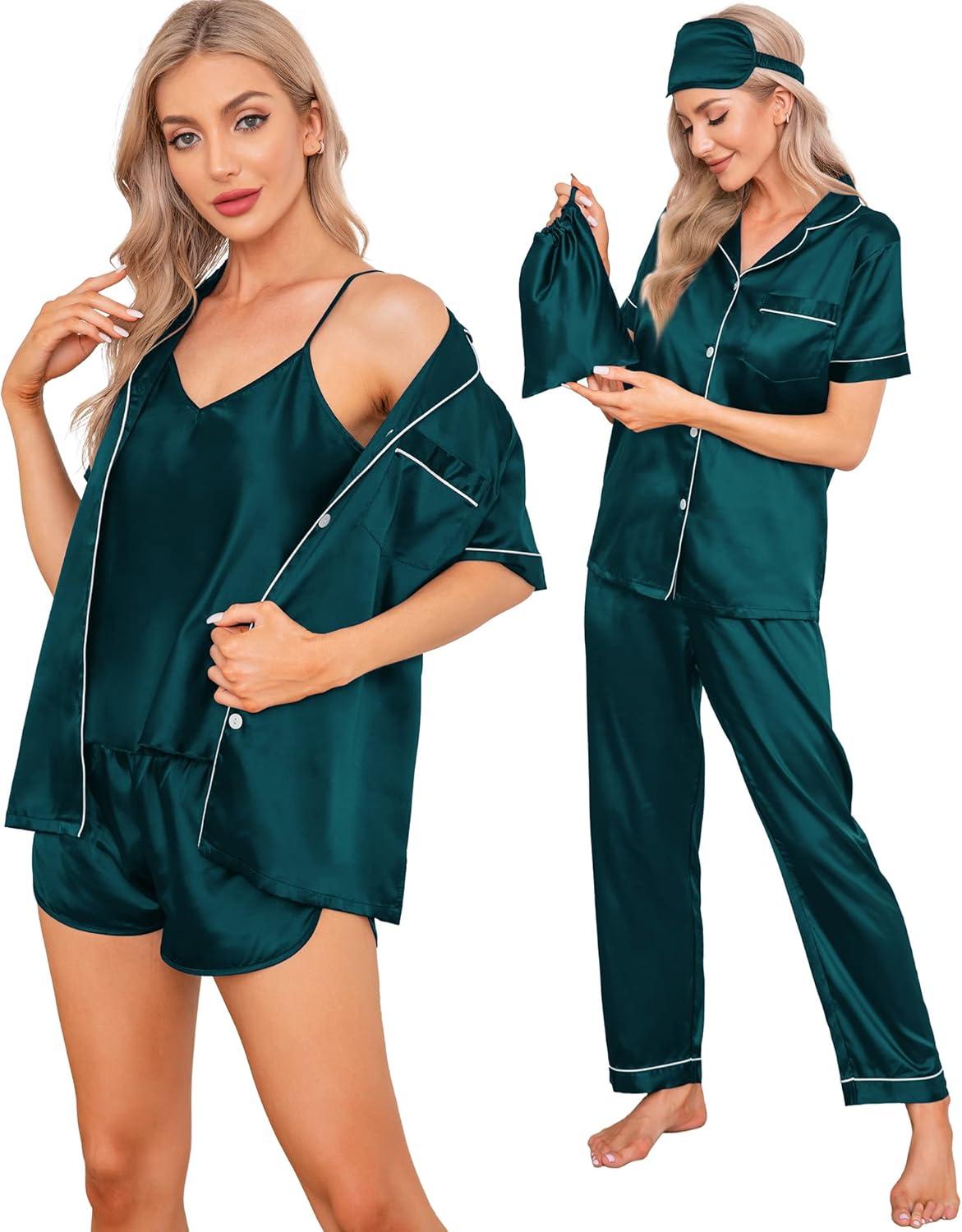 imageSWOMOG Womens Silk Satin Pajamas Sets 7pcs Sleepwear Sexy Cami Shorts Set and Button Down Short Sleeve Satin PjsDeep Green