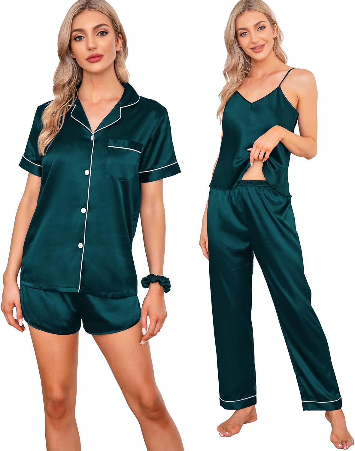 imageSWOMOG Womens Silk Satin Pajamas Sets 7pcs Sleepwear Sexy Cami Shorts Set and Button Down Short Sleeve Satin PjsDeep Green