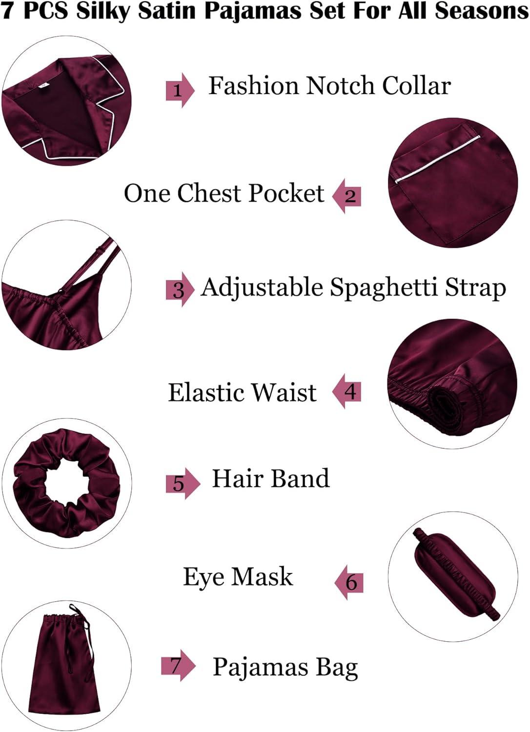 imageSWOMOG Womens Silk Satin Pajamas Sets 7pcs Sleepwear Sexy Cami Shorts Set and Button Down Short Sleeve Satin PjsDeep Wine Red