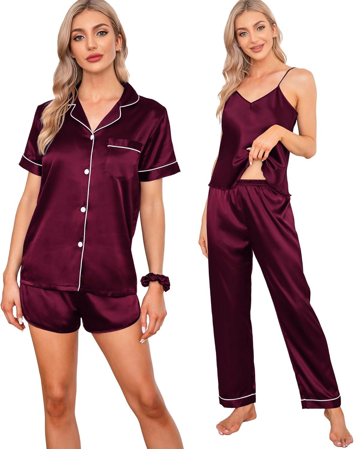 imageSWOMOG Womens Silk Satin Pajamas Sets 7pcs Sleepwear Sexy Cami Shorts Set and Button Down Short Sleeve Satin PjsDeep Wine Red