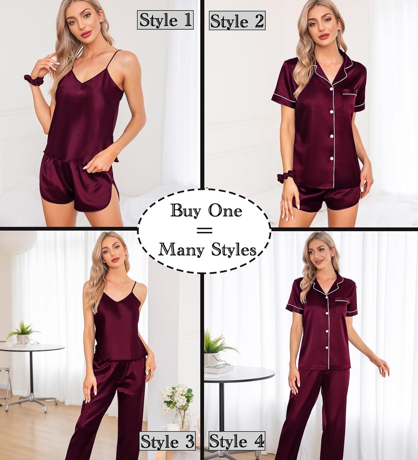 imageSWOMOG Womens Silk Satin Pajamas Sets 7pcs Sleepwear Sexy Cami Shorts Set and Button Down Short Sleeve Satin PjsDeep Wine Red