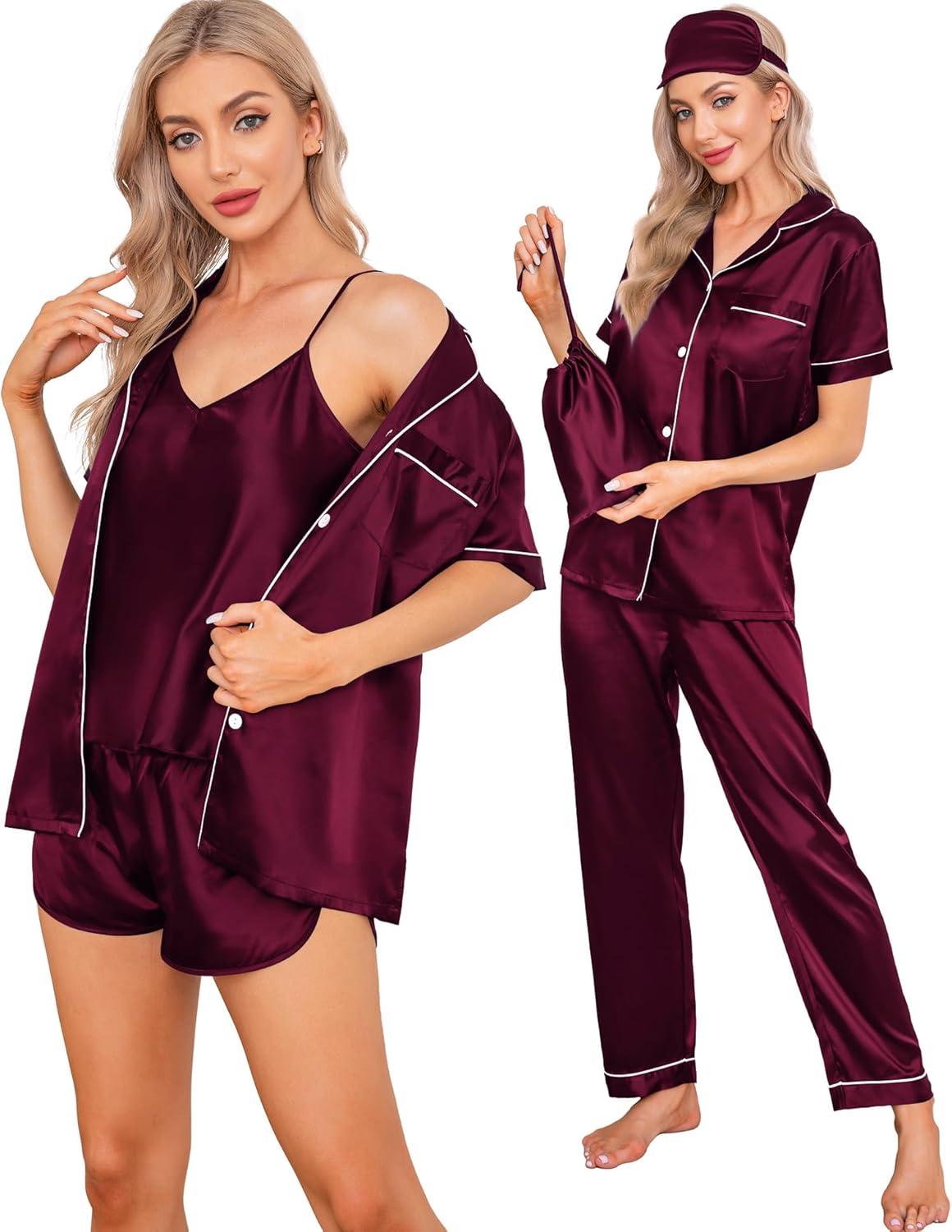 imageSWOMOG Womens Silk Satin Pajamas Sets 7pcs Sleepwear Sexy Cami Shorts Set and Button Down Short Sleeve Satin PjsDeep Wine Red