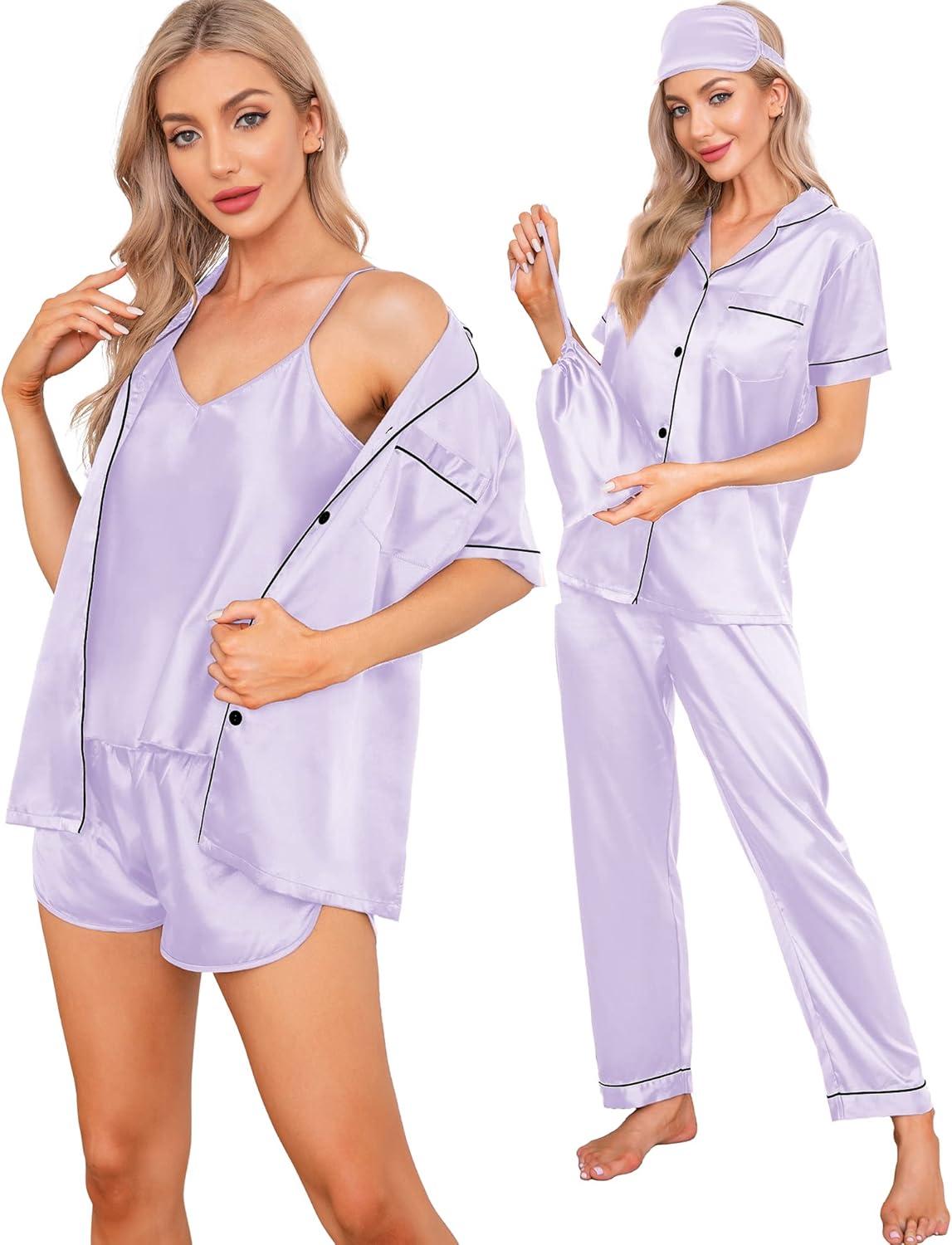 imageSWOMOG Womens Silk Satin Pajamas Sets 7pcs Sleepwear Sexy Cami Shorts Set and Button Down Short Sleeve Satin PjsLavender