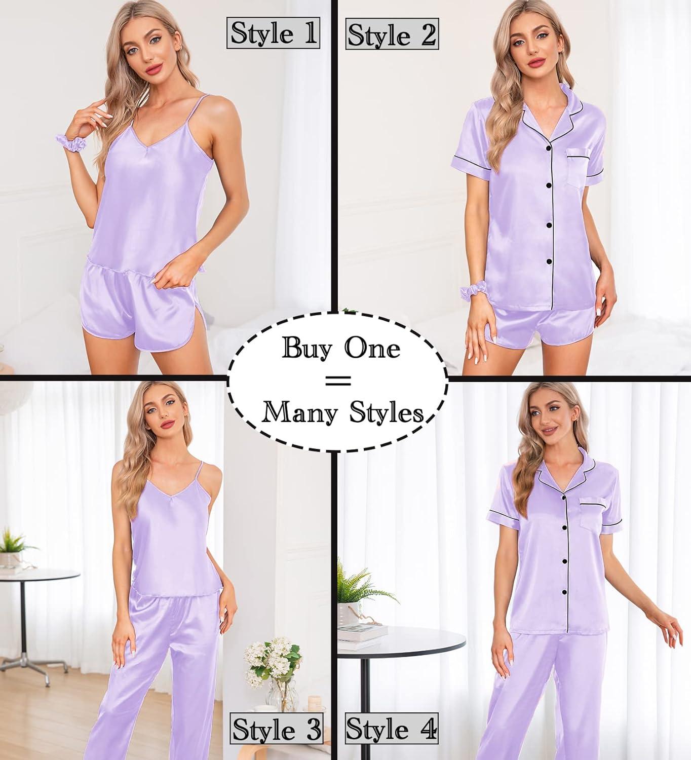 imageSWOMOG Womens Silk Satin Pajamas Sets 7pcs Sleepwear Sexy Cami Shorts Set and Button Down Short Sleeve Satin PjsLavender